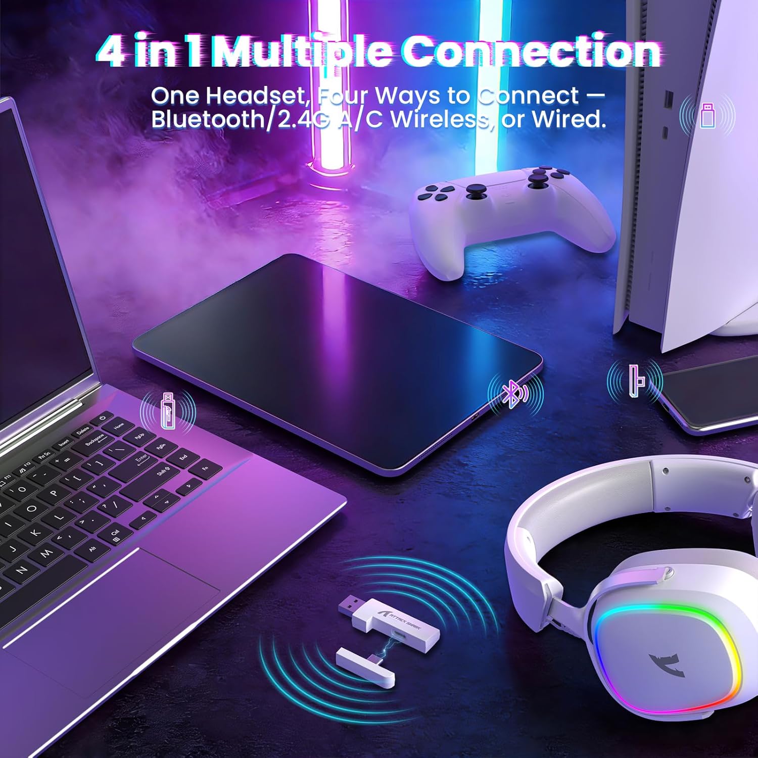 ATTACK SHARK G800 Wireless RGB Gaming Headset:7.1 Surround Sound-50mm Drivers-Memory Foam Ear Pads,Wired/2.4Ghz/BT,Ultralight,Durable Aluminum Frame,Detachable Mic,Programmable for PC Mac Gamer(White)
