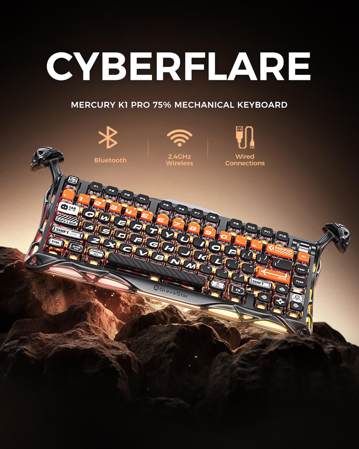 GravaStar Mercury K1 Pro Wireless Mechanical Gaming Keyboard, 75% Layout RGB Custom Keyboard, Aluminum Alloy Matte Black Frame with Phoenix-Inspired Keycaps, Hot-Swappable Linear Switches – CyberFlare