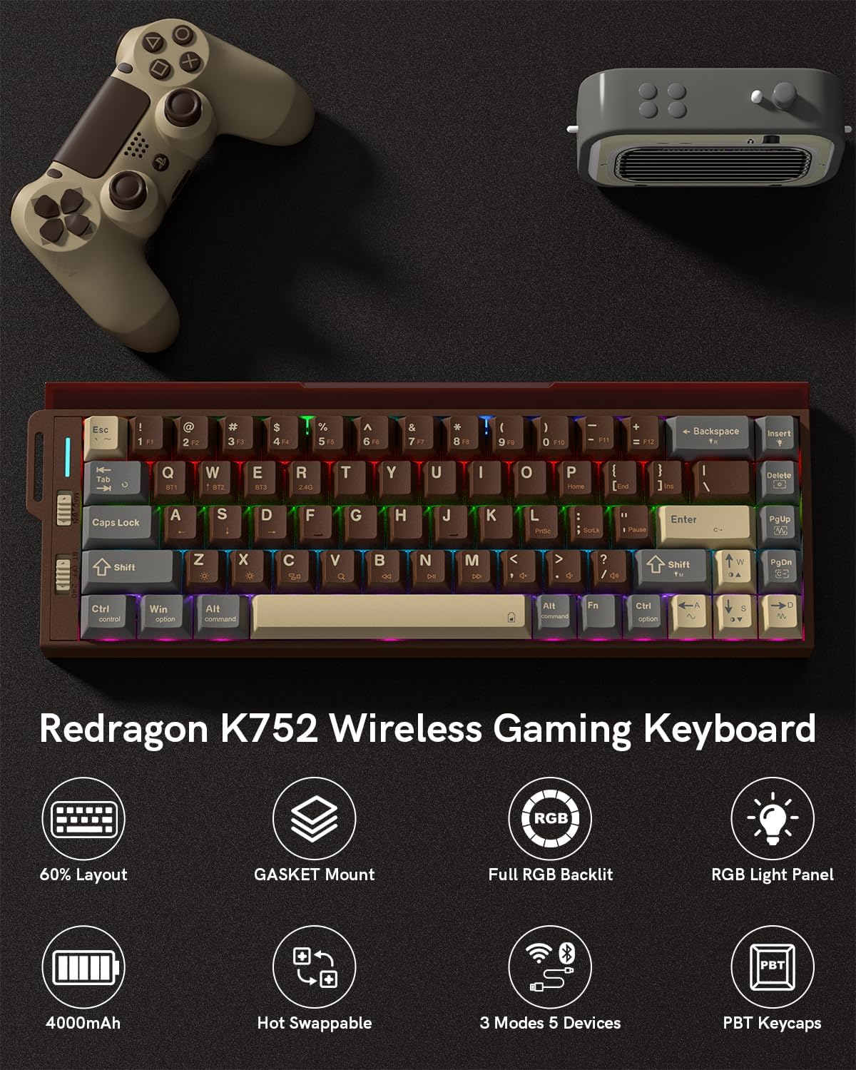 لوحة مفاتيح Redragon K752 اللاسلكية الميكانيكية، لوحة مفاتيح ألعاب بنسبة 60% مع إضاءة خلفية RGB، صوت سلس، وضع ثلاثي 2.4 جيجاهرتز/بلوتوث 5.0، قابلة للتبديل السريع، أغطية مفاتيح PBT لأجهزة الكمبيوتر الشخصية/ماك
