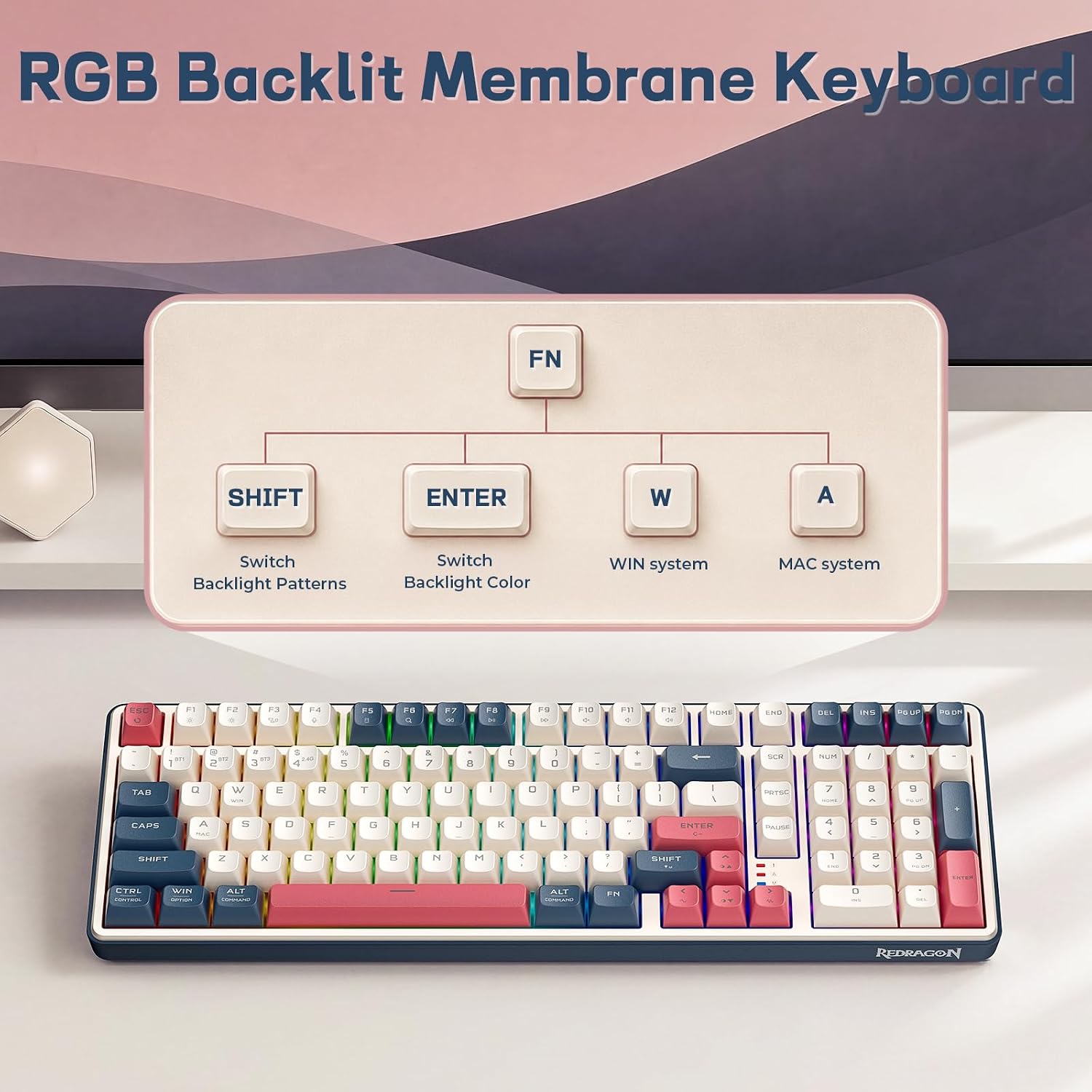 Redragon S174 Gaming Keyboard and Mouse Wireless with Tri-Mode, RGB Keyboard and 5000 DPI 61G Ultra-Light Gaming Mouse, Computer Keyboard Creamy Cute with Number Pad BT/2.4GHz/USB-C - Beige