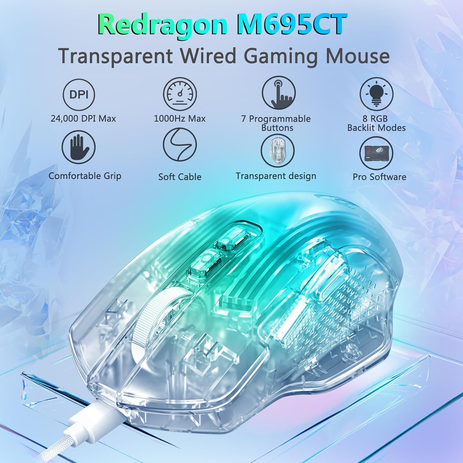 Redragon Wired Gaming Mouse, 24,000 DPI, 7 Programmable Button, 2 Side Buttons, 8 RGB LED Backlit Mode, Clear Transparent Shell, Light up Gamer Mice, Soft Cable for PC/Mac/Xbox, White