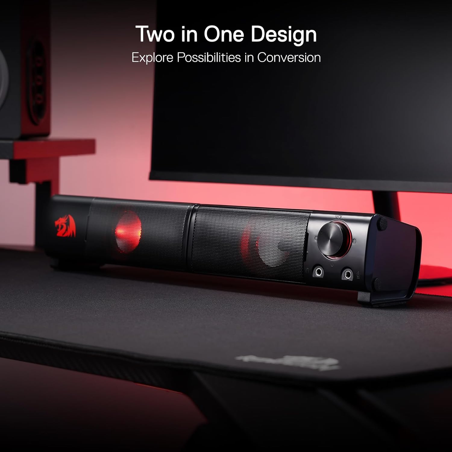 Redragon GS550 PC Gaming Speakers, 2.0 Channel Desktop Computer Sound Bar with Compact Maneuverable Size, Headphone Jack, Quality Bass & Decent Red Backlit, USB Powered w/ 3.5mm Cable
