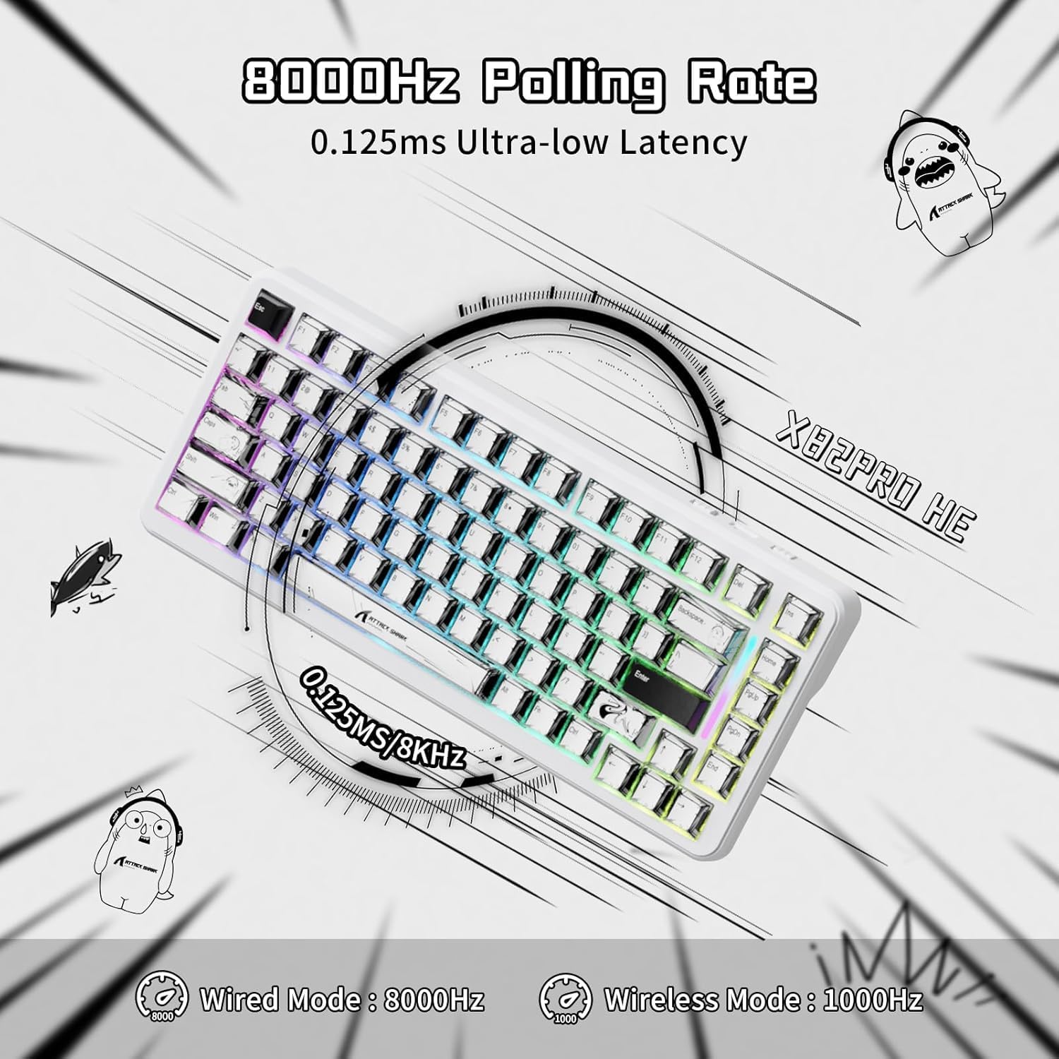 ATTACK SHARK X82PRO HE Wireless Rapid Trigger RGB Mechanical Gaming Keyboard with Adjustable Actuation,2.4G/Wired/BT,8K Polling Rate,Hall Effect Magnetic Switch,5000mAh Battery for PC FPS(White Anime)