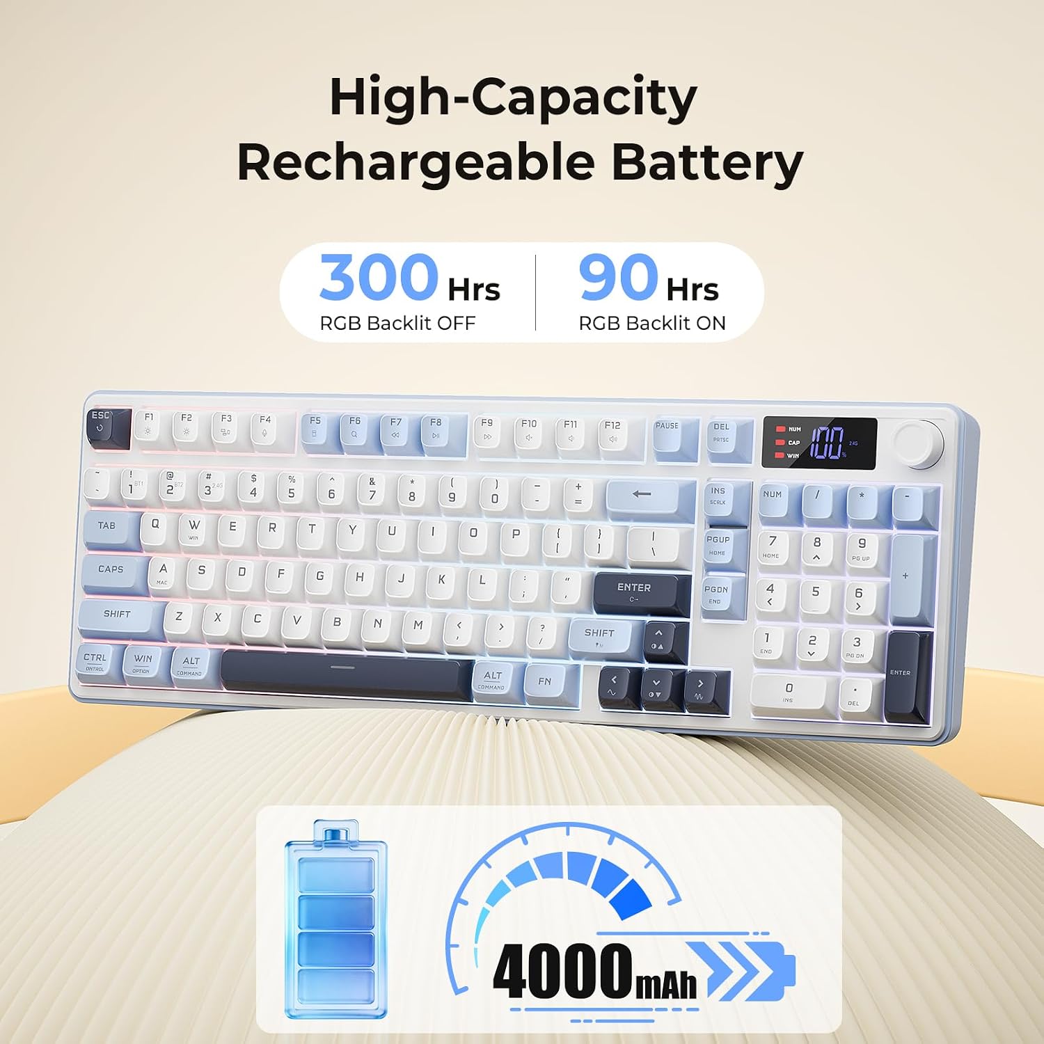 Redragon Wireless Gaming Keyboard, 98-Key Tri-Mode (BT/2.4G/Wired) RGB Computer Keyboard with Knob & Display, Fade-Resistant PBT Keycaps & 4000mAh Battery, Compatible with Windows/Mac - White Blue