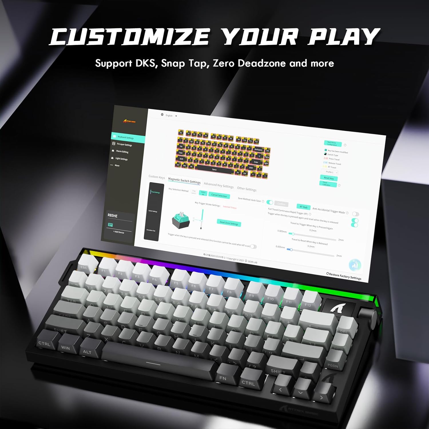 ATTACK SHARK R85HE Wired 75% Hall Effect Rapid Trigger Mechanical RGB Gaming Keyboard with 8K Polling,0.05mm RT Accuracy,0.08MS Latency,Magnetic Switch,5 Layer Sound Damped,Driver for PC(Moonlight)