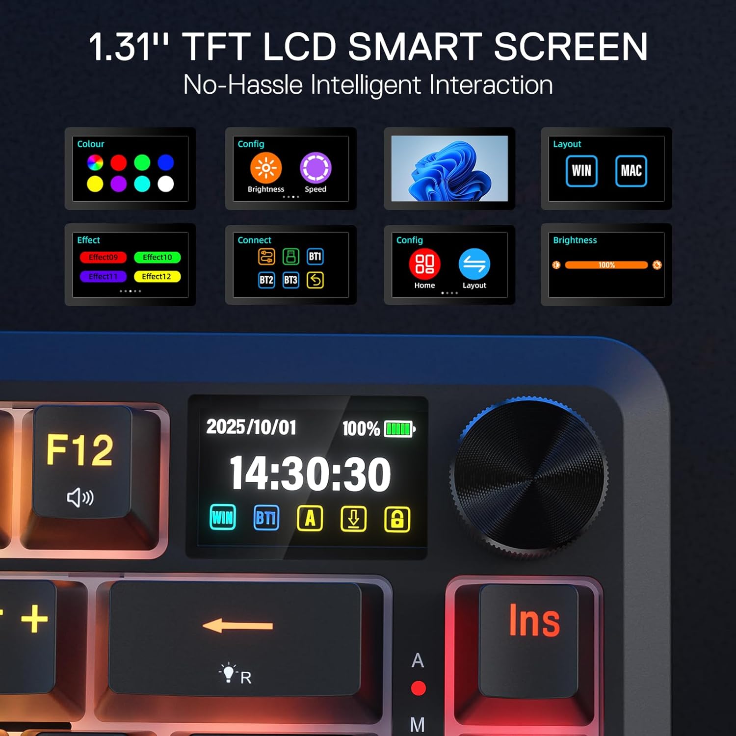 لوحة مفاتيح الألعاب اللاسلكية Redragon K724 PRO Gasket مع شاشة عرض ومقبض، لوحة مفاتيح ميكانيكية بـ 81 مفتاحًا، شاشة معلومات TFT سهلة التحكم مقاس 1.14 بوصة، نظام عزل ضوضاء بخمس طبقات، مفتاح خطي قابل للتخصيص