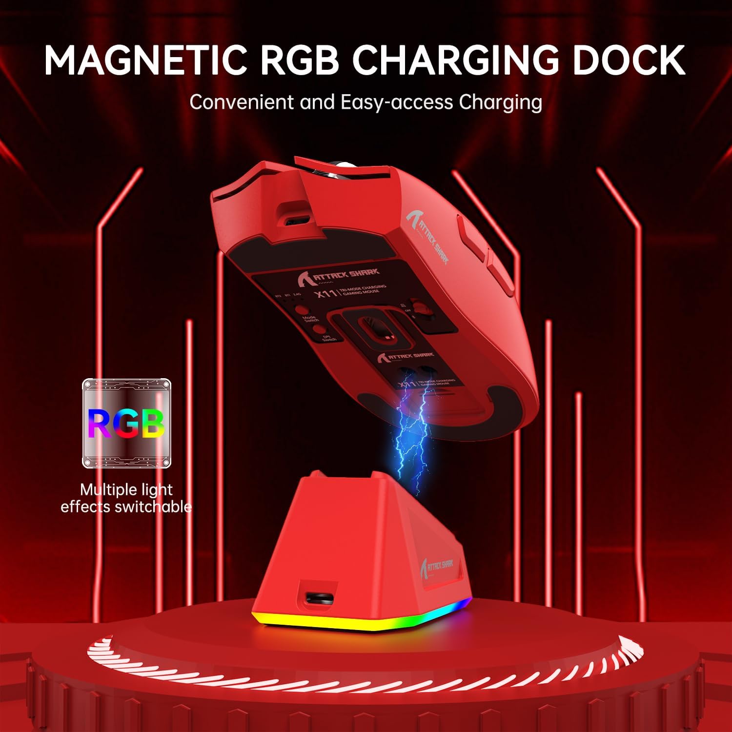 ATTACK SHARK X11 Lightweight Wireless Gaming Mouse with RGB Charging Dock,Tri-Mode-2.4G/USB-C Wired/BT,22K DPI,PAW3311 Optical Sensor,HUYU Switch, 5 programmable Buttons for PC/Mac(Red)