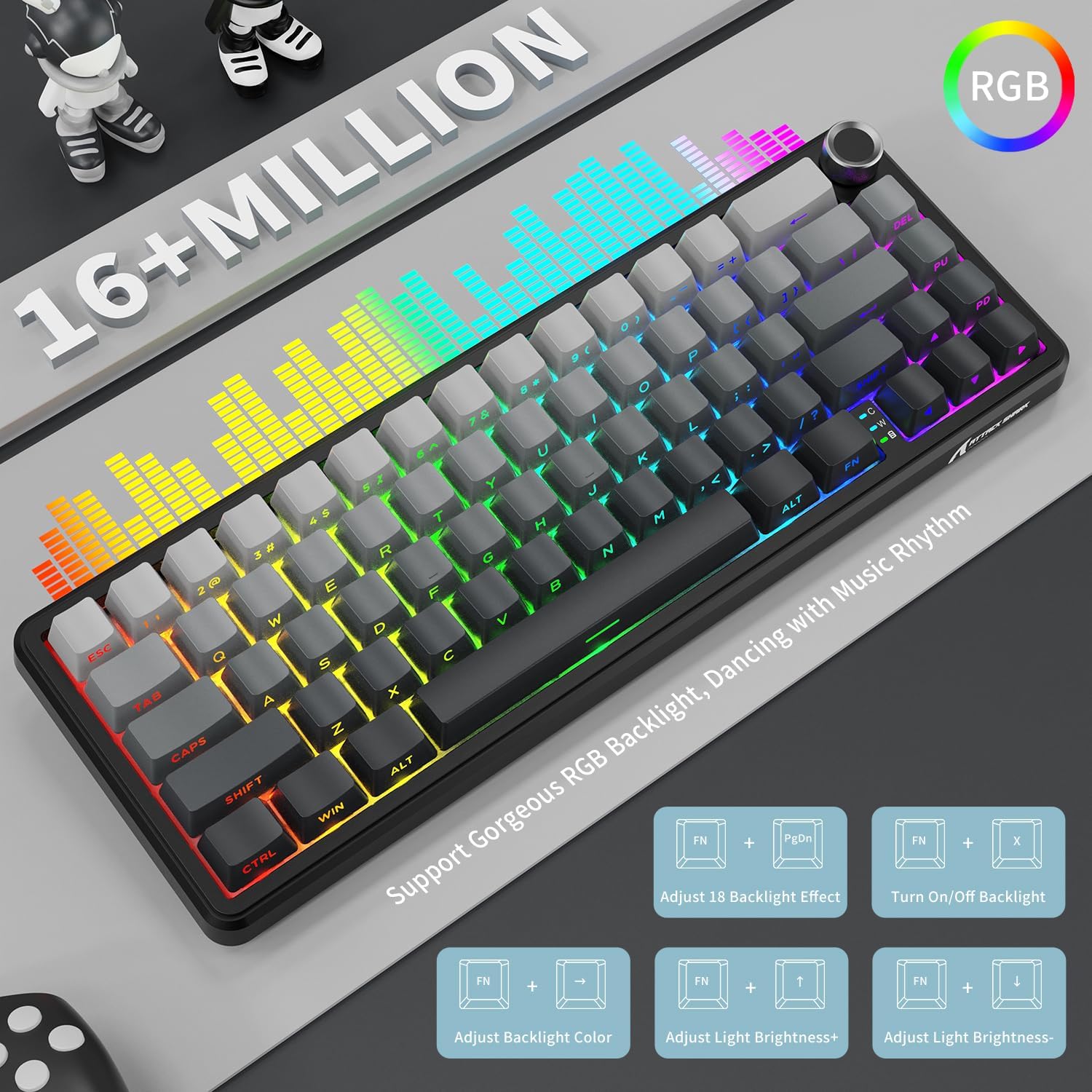 ATTACK SHARK X66 Wireless Mechanical Gaming Keyboard with Knob,Tri Mode USB-C/BT5.0/2.4G Gasket Mounted 60% RGB Gaming Keyboard, Side Printed PBT Keycap,Hot Swappable Strawberry Switch(Moonlight)