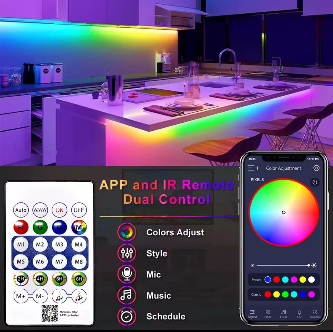 5M RGB-IC Neon LED Strip Light – 60+ dynamic lighting effects, Smart App & Remote Control with Music Sync, USB Powered, Flexible & IP68 Waterproof – ideal for gaming,home Decor,and parties