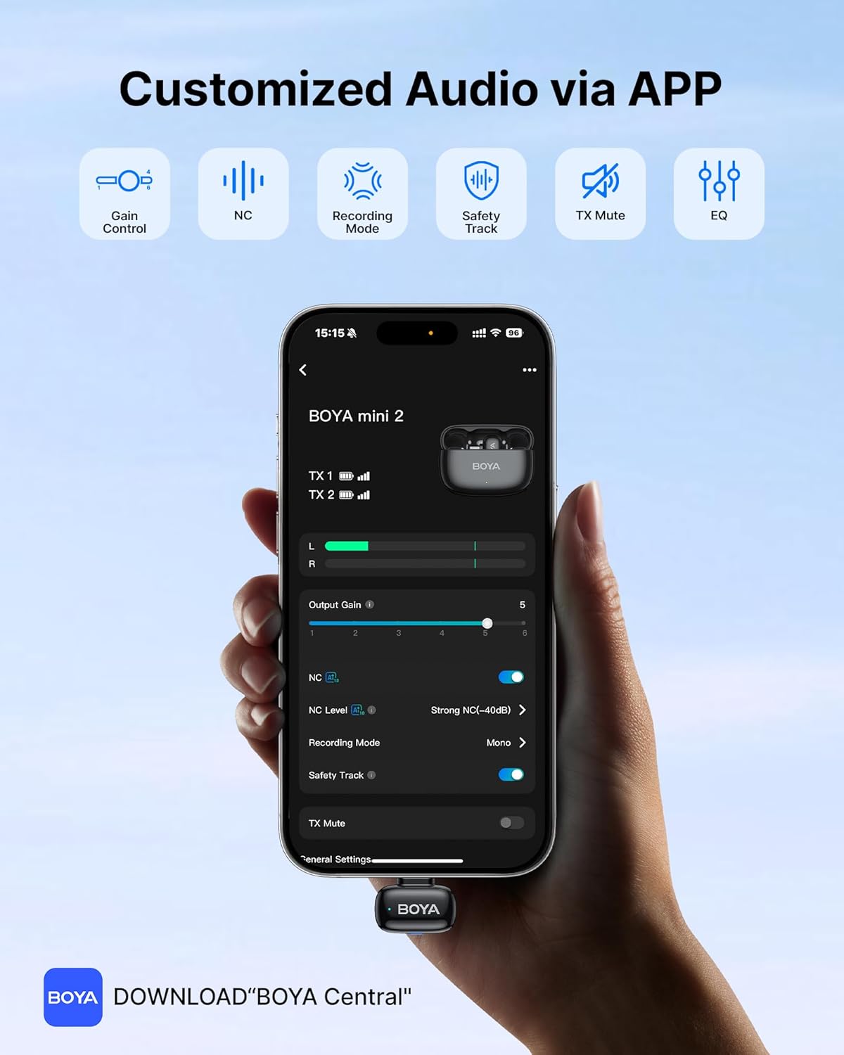 BOYA mini 2 Wireless Lavalier Microphones for iPhone and usb-c , AI Noise Cancellation, App Control, 30H Battery Life with Charging Case, Lapel Microphone Wireless for Video Recording Vlogging