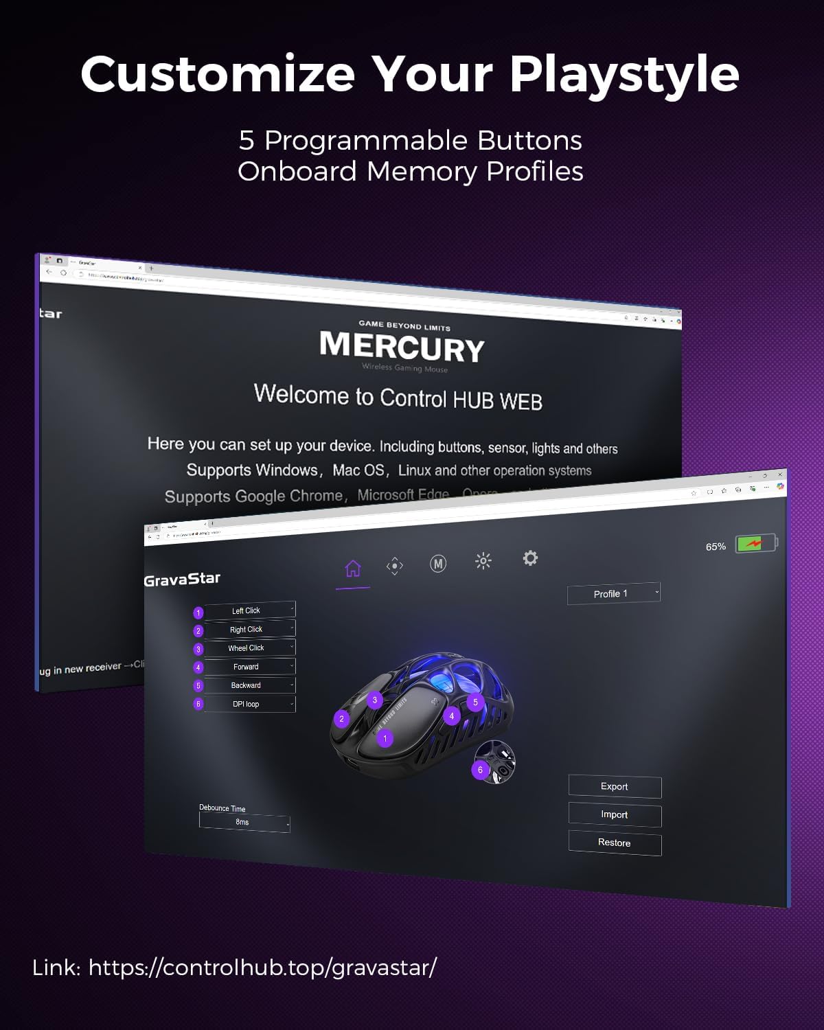 GravaStar Mercury X Wireless Gaming Mouse – 32,000 DPI PAW 3950 Sensor, 1000Hz Polling Rate, Only 49g, Magnesium Alloy Hollow Frame, RGB Lighting, 5 Programmable Buttons