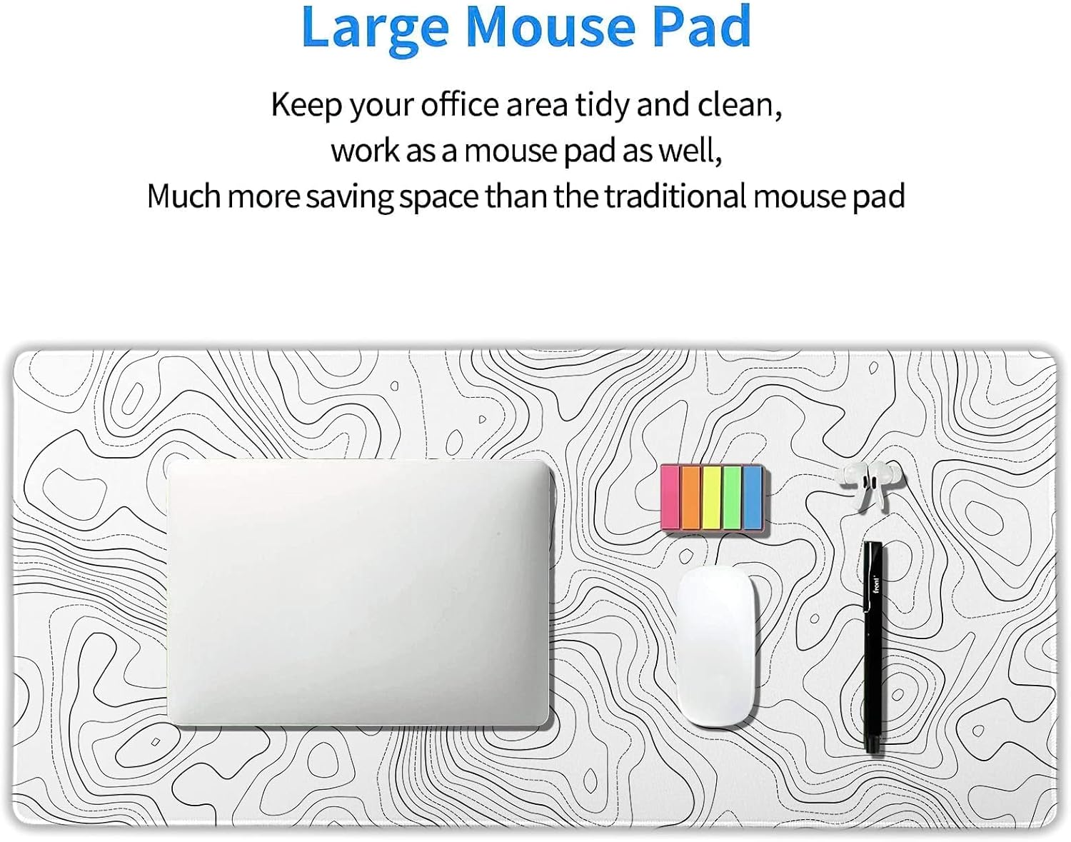 Topographic Map Large Mouse Pad XXL White Lines Contour Geographic Extended Large Desk Mat Big Desk Pad (90X40 CM)(4 MM) Non-Slip Rubber Base Stitched Edge Long Mousepad,35.4 x 15.7 Inch