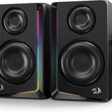 Redragon GS812 Wireless RGB Wooden Desktop Speakers, 2.0 Channel Bookshelf Speaker w/BT 5.0/3.5mm AUX Connection, Enhanced Bass/Volume Knob Control, Extra Mic/Audio Jacks & Dynamic RGB Lighting Bar