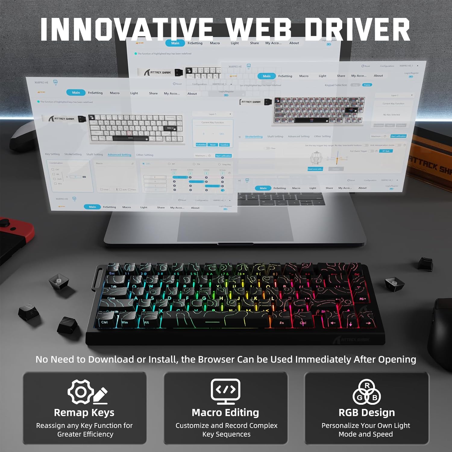 ATTACK SHARK X68 PRO HE Wireless Rapid Trigger Gaming Keyboard with Adjustable Actuation,8K Polling Rate,Hall Effect Magnetic Switch,Hot-Swap,RGB Backlit,BT/2.4GHz/Wired,for FPS Games-Black