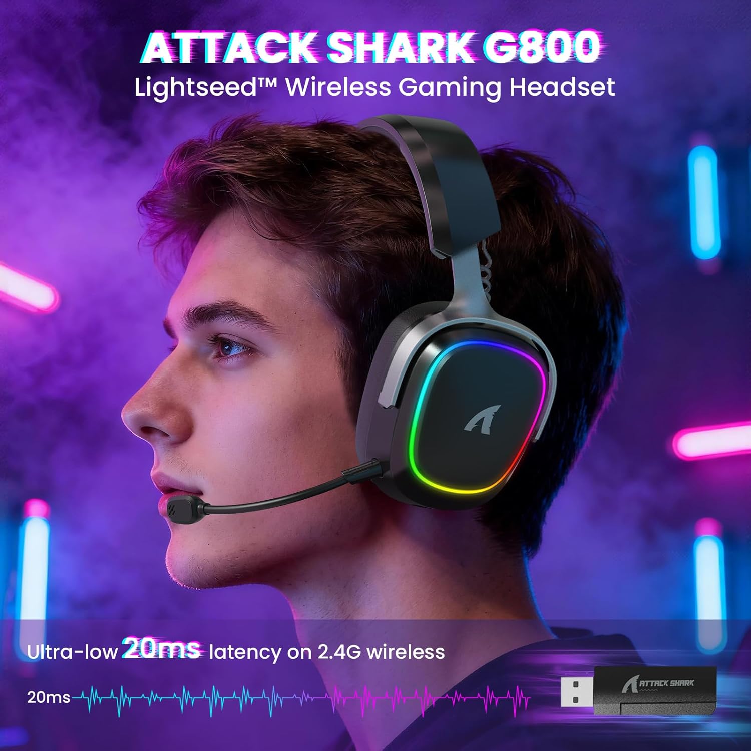 ATTACK SHARK G800 Wireless RGB Gaming Headset:7.1 Surround Sound-50mm Drivers-Memory Foam Ear Pads,Wired/2.4Ghz/BT,Ultralight,Durable Aluminum Frame,Detachable Mic,Programmable for PC Mac Gamer(Black)