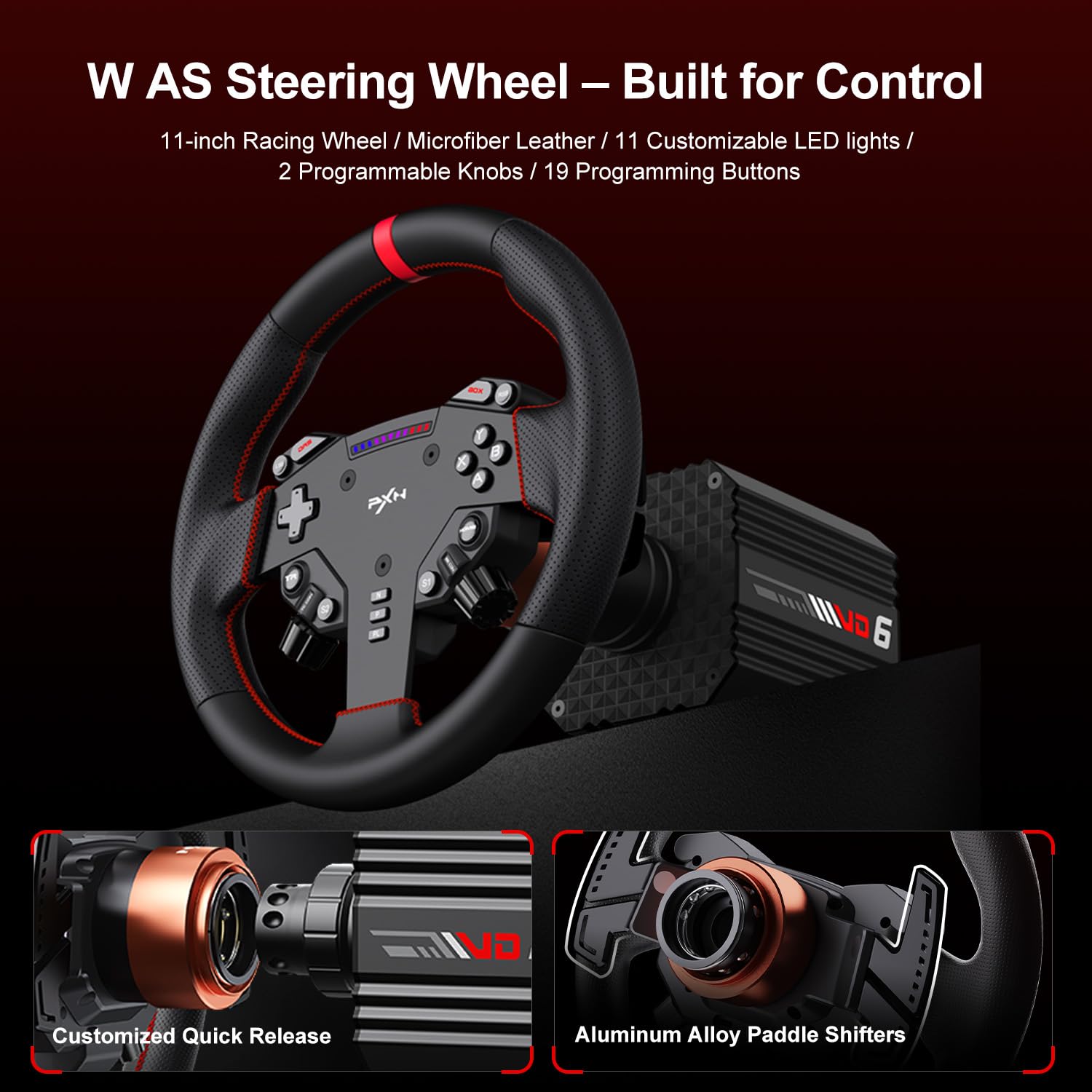 PXN VD6 Bundle: PC Steering Wheel and Pedals – 6 Nm Direct Drive Servo Motor Base, W AS Racing Wheel, Hall Effect 2-Pedal Set, and Table Clamp – Professional Sim Racing Setup for Windows PC (7–11)
