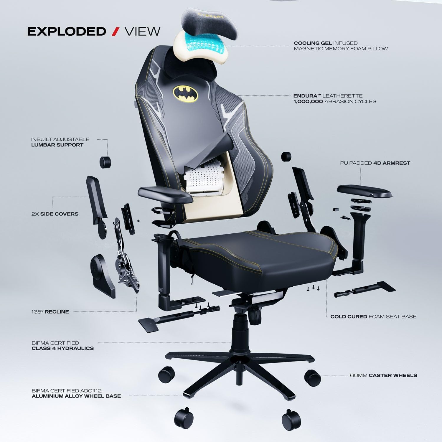 CYBEART | Batman Classic - Chaise de gaming/bureau série APEX | Lombaire 4D, accoudoir 4D, similicuir Endura, oreiller AeroMag, inclinable et inclinable