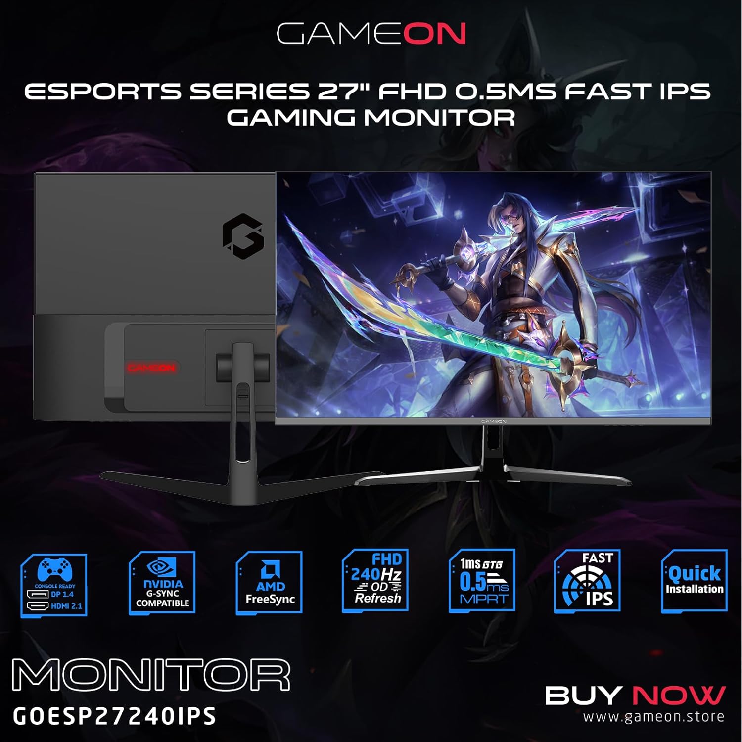GAMEON GOESP27240IPS Esports Series 27" FHD, 240Hz, MPRT 0.5ms, HDMI 2.1, Fast IPS Gaming Monitor (Supports PS5) - Black