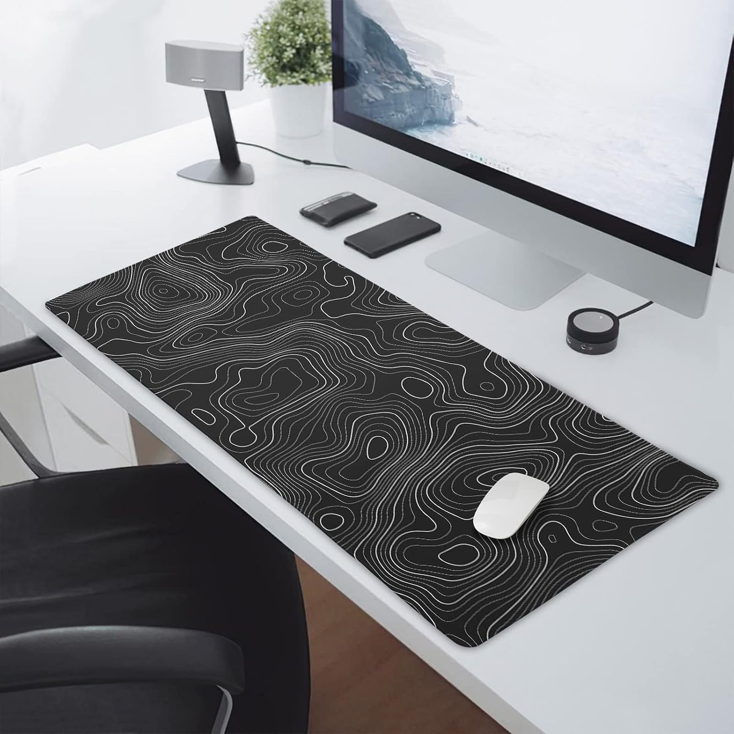 Topographic Map Large Mouse Pad XXL Black Lines Contour Geographic Extended Large Desk Mat Big Desk Pad (90X40 CM)(4 MM) Non-Slip Rubber Base Stitched Edge Long Mousepad,35.4 x 15.7 Inch