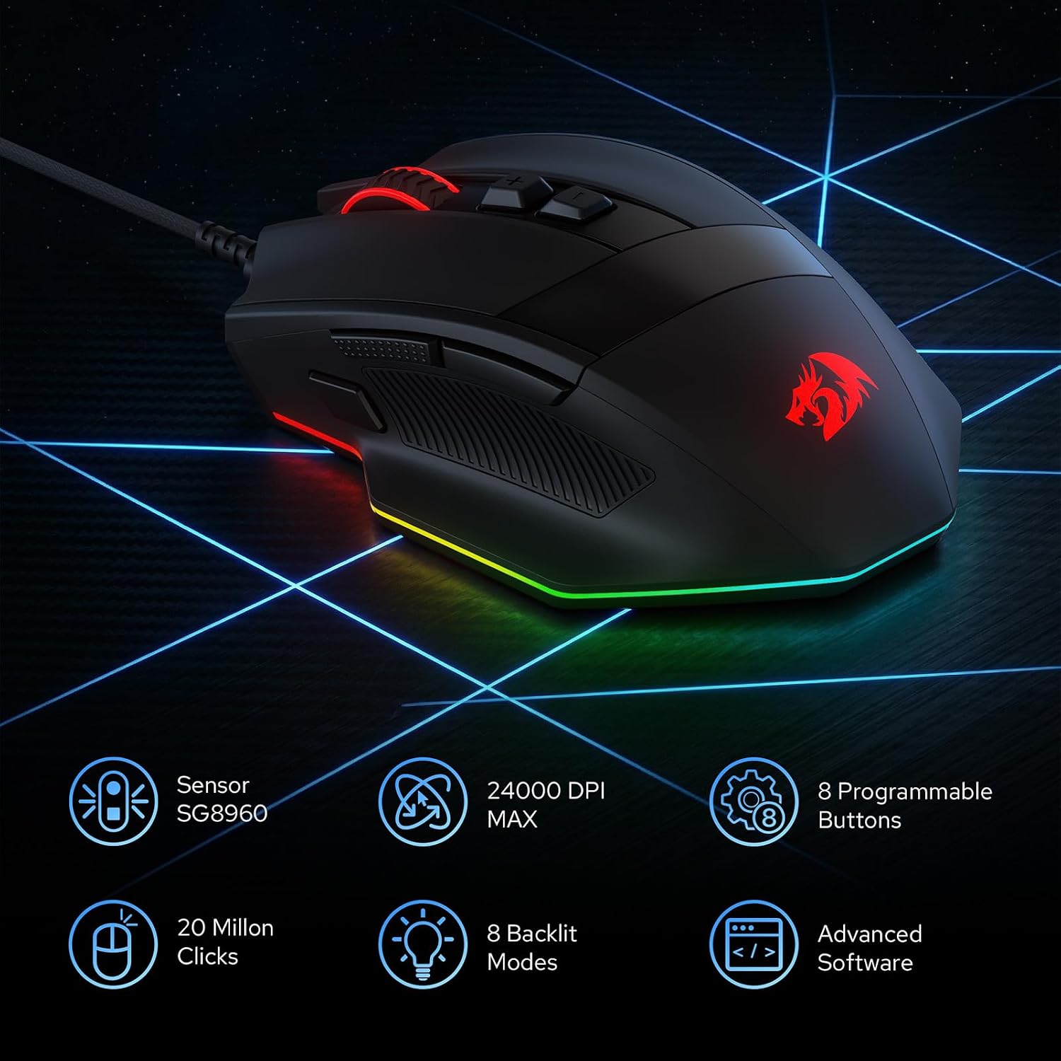 Redragon M923 Wired RGB Optical Gaming Mouse 24K DPI Remapping Keys | Stable Lag-Free Connection, Smooth Precise Tracking, Custom Macro Keybinds, Vibing Backlight, Ergonomic Grip Body Comfort