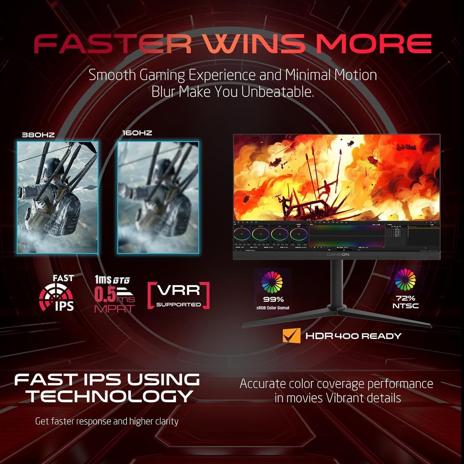 GAMEON GOMP27FHD380IPS Midnight Pro Series 27" FHD, 380Hz, MPRT 0.5ms, HDMI 2.1, Fast IPS Gaming Monitor (Supports PS5) - Black