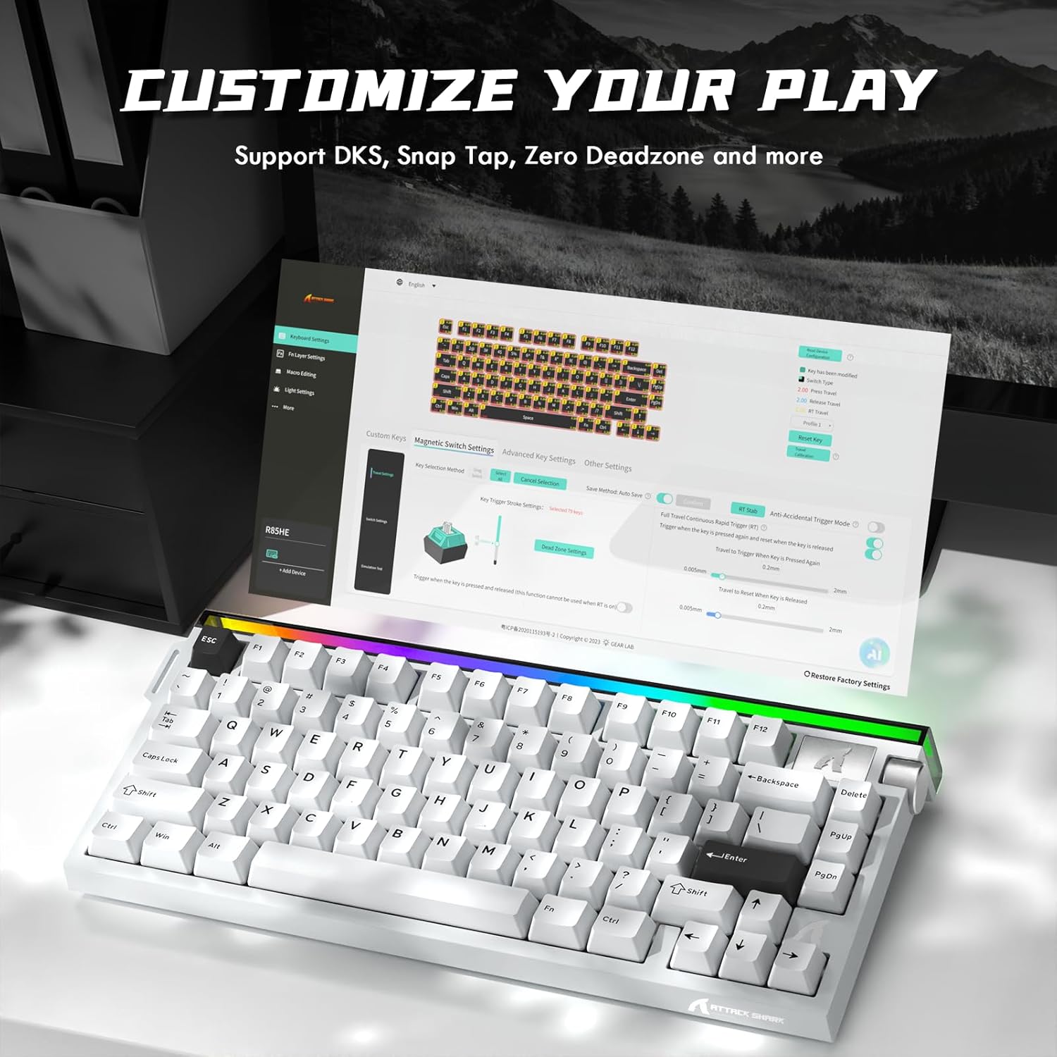 ATTACK SHARK R85 HE Wired 75% Hall Effect Rapid Trigger Mechanical RGB Gaming Keyboard with 8K Polling,0.05mm RT Accuracy,0.08MS Latency,Magnetic Switch,5 Layer Sound Damped,Driver for PC(Star White)