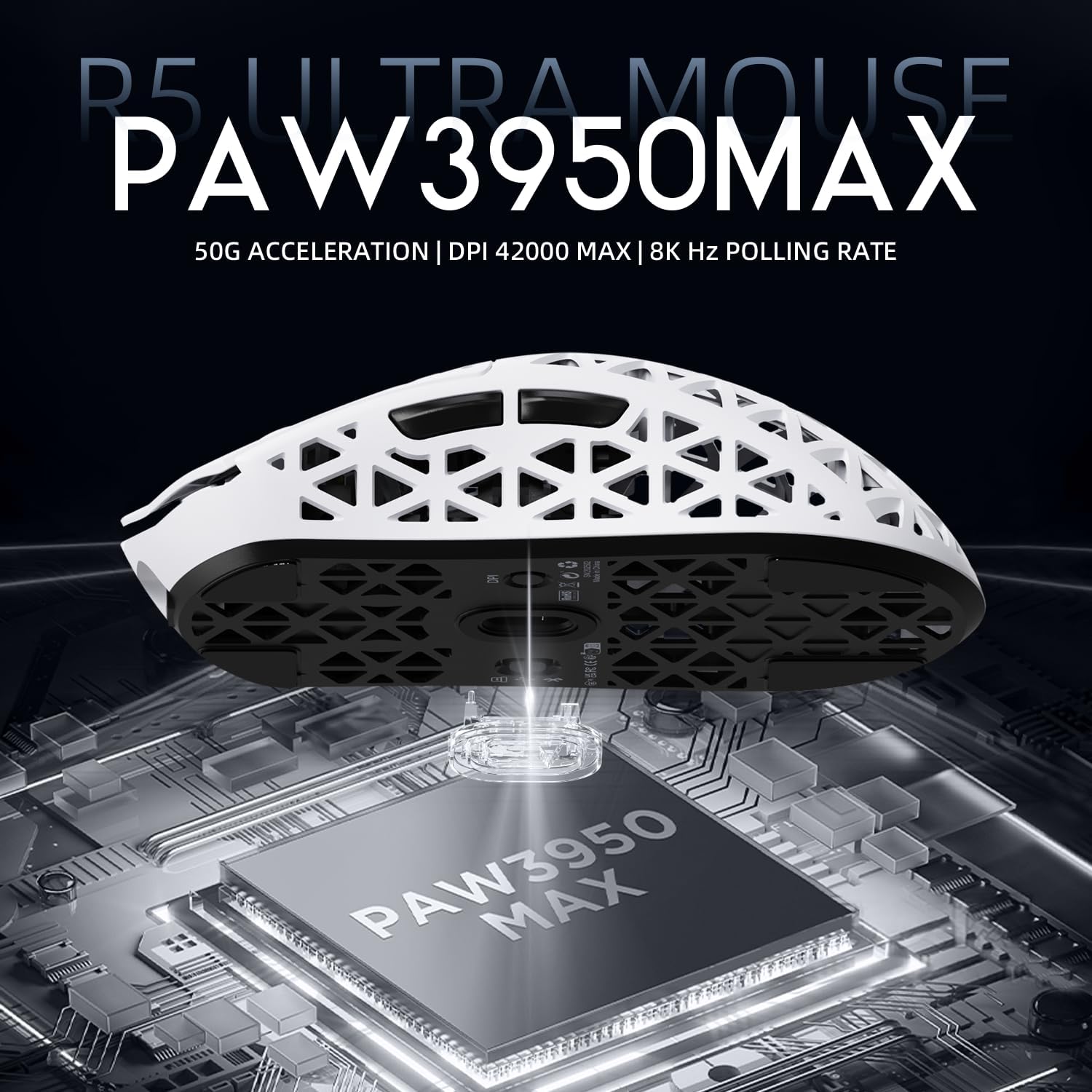 ATTACK SHARK R5Ultra 8K Carbon Fiber Wireless Gaming Mouse with 42000 DPI -PAW3950 MAX Sensor -39g Ultra-Lightweight-Nordic 52840 MCU Chip-Wired/BT/2.4GHz Wirelss Programmable Mouse for PC/Mac (White)