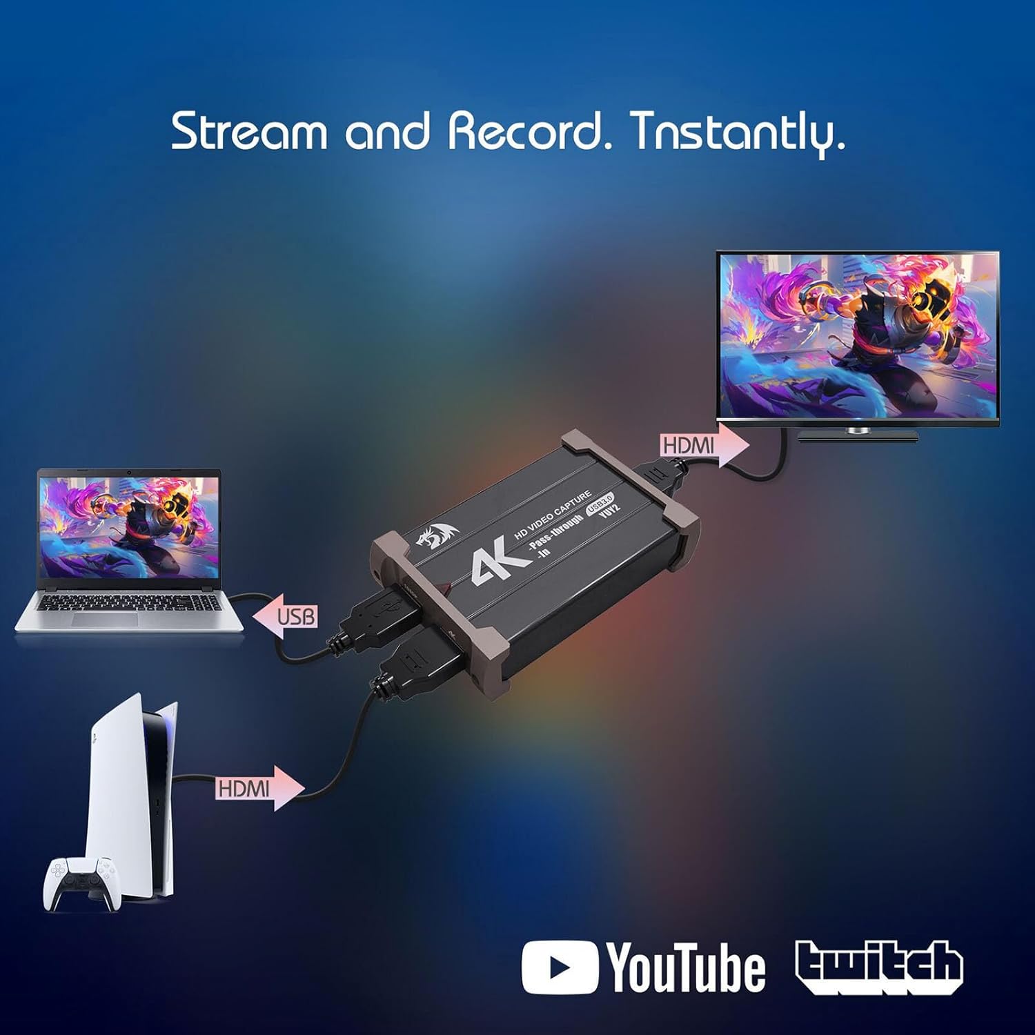 Redragon VC321 4K Video Capture Card, USB 3.0 1080p 60fps Video Capture, 4K HDMI Pass-Through, Zero-Latency Streaming, Compatible with Windows/Mac, Game Capture for PS5, Xbox, NS, DSLR, OBS