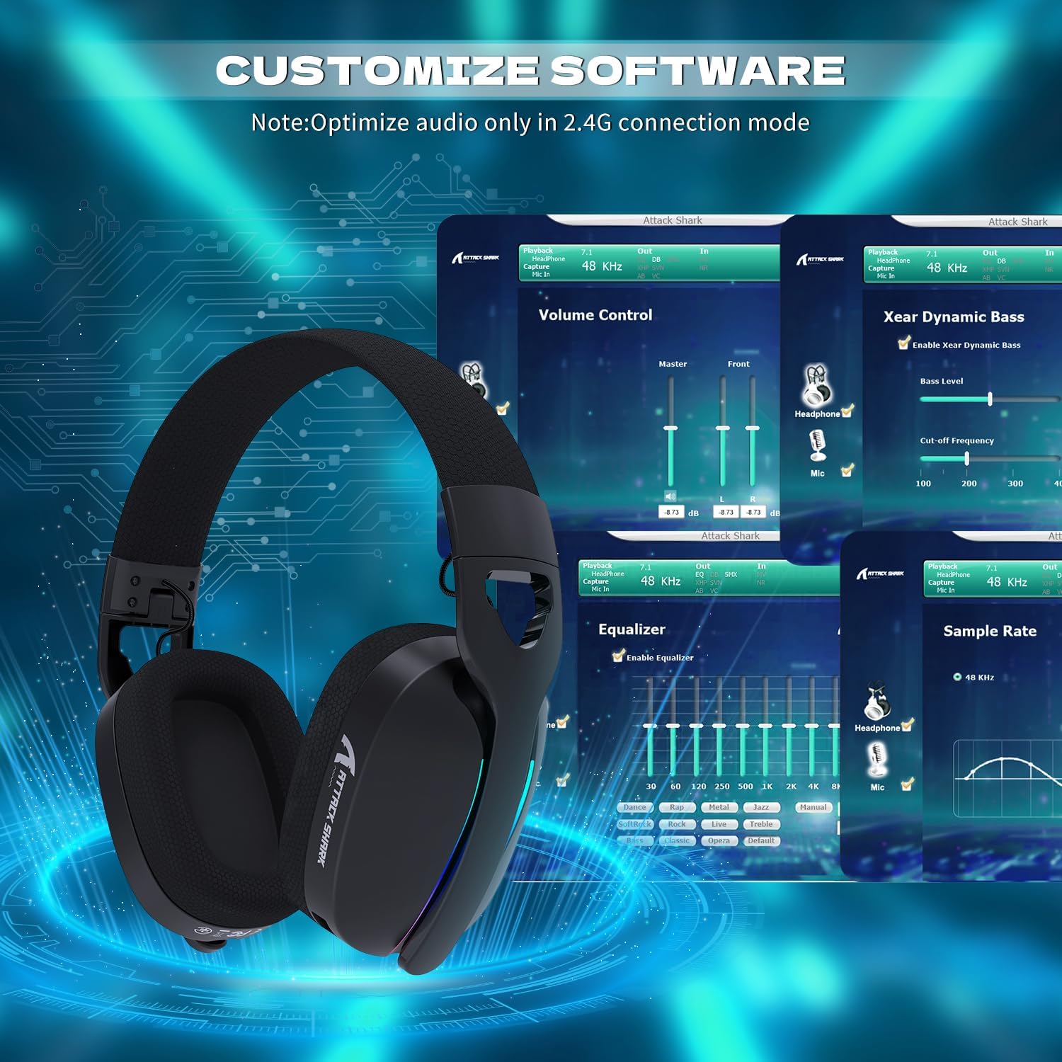 ATTACK SHARK L90 Ultra-Light Wireless Headset,RGB,Foldable,Triple- Mode-2.4Ghz/Bluetooth/Wired Gaming Headphone with mic,40mm Driver,7.1 Surround Sound,for Xbox/PS4/PS5/PC Customize via Software-Black