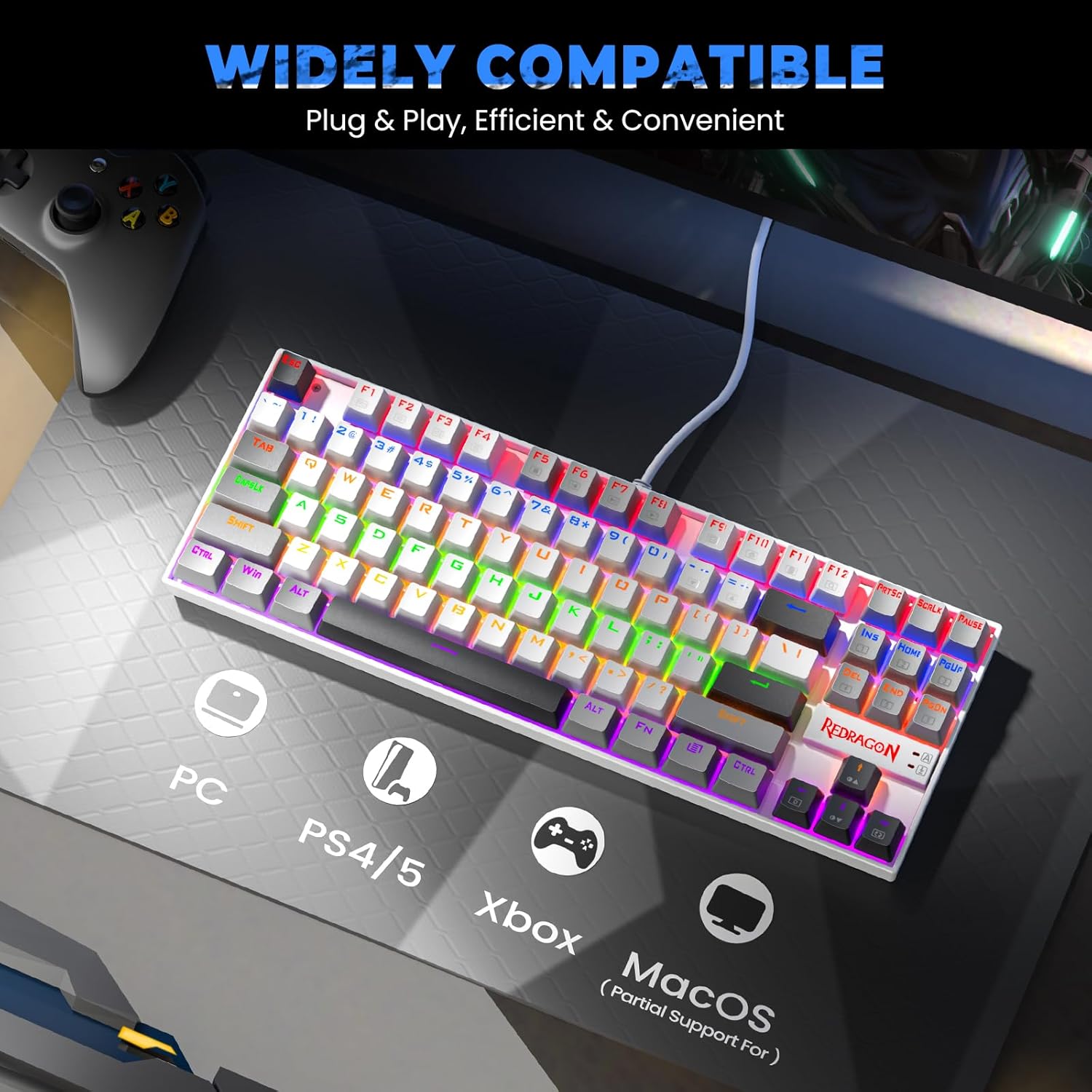 Redragon K552 Mechanical Gaming Keyboard, 87-Key Compact, LED Gaming Keyboard with Red Switches, Anti-Ghosting, Metal Frame for PC Gaming & Typing, Beginner-Friendly (Polar Monolith)