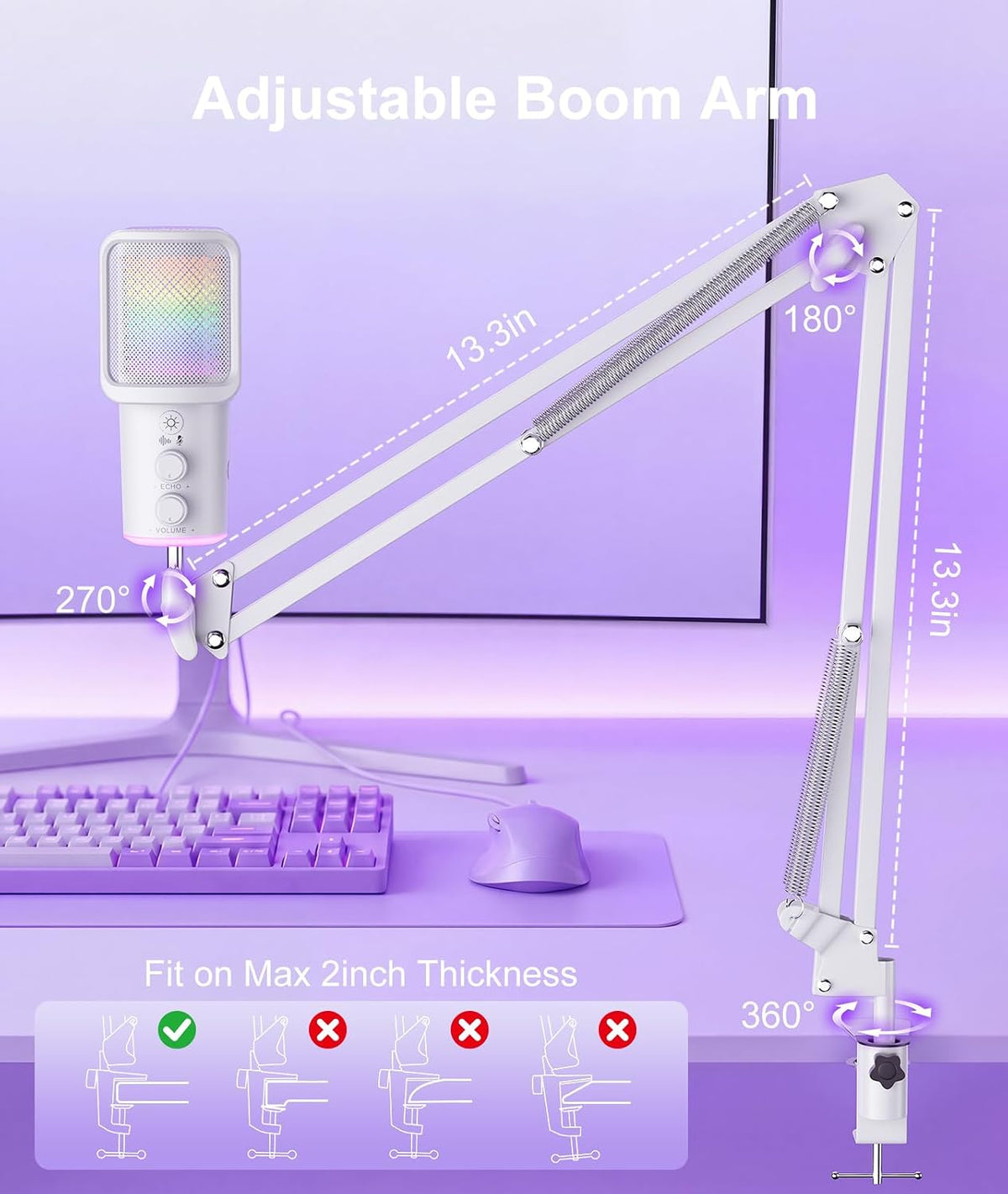 Gaming USB Microphone, Noise Cancellation Condenser Mic with Mute,Boom Arm Mic-Reverb Adjustment, Monitoring for Streaming, Podcasting, Discord, YouTube,PC, Computer, PS4, PS5, Mac-White