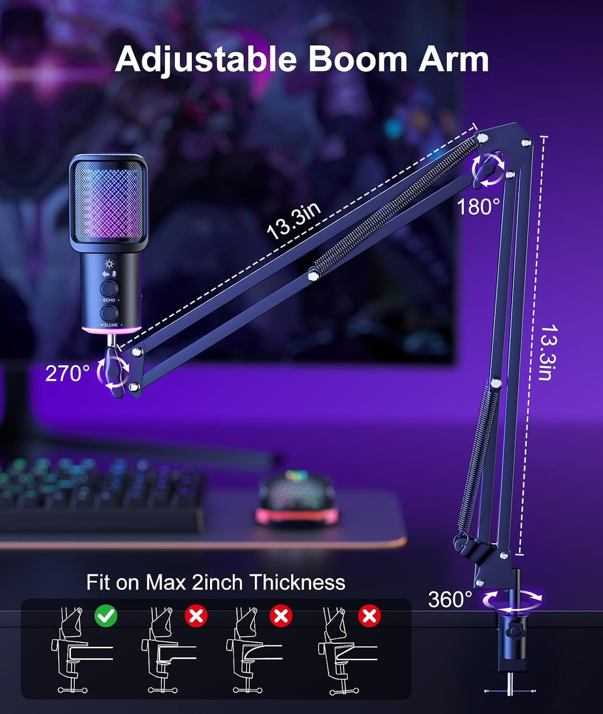 Gaming USB Microphone, Noise Cancellation Condenser Mic with Mute,Boom Arm Mic-Reverb Adjustment, Monitoring for Streaming, Podcasting, Discord, YouTube,PC, Computer, PS4, PS5, Mac-White