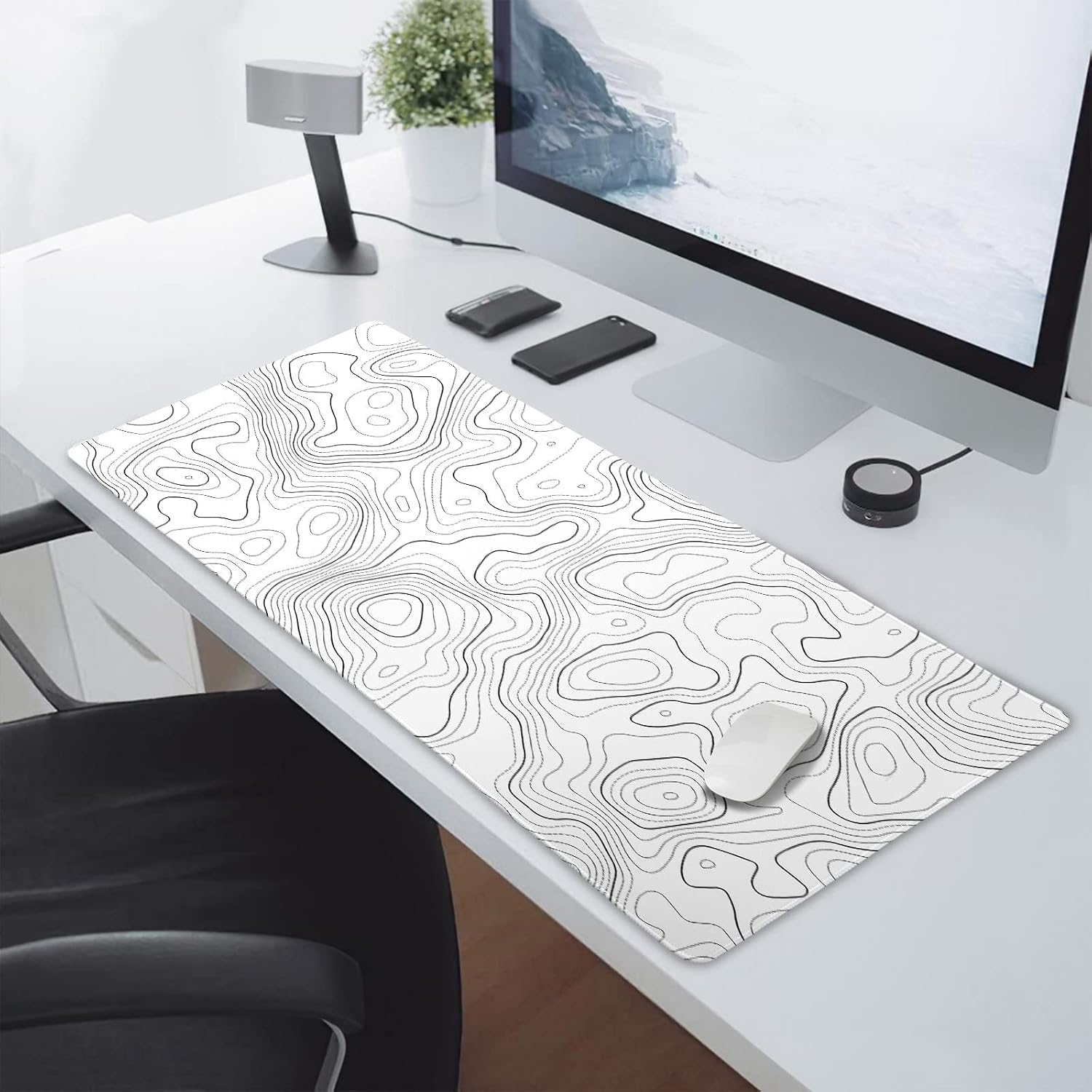 Topographic Map Large Mouse Pad XXL White Lines Contour Geographic Extended Large Desk Mat Big Desk Pad (90X40 CM)(4 MM) Non-Slip Rubber Base Stitched Edge Long Mousepad,35.4 x 15.7 Inch