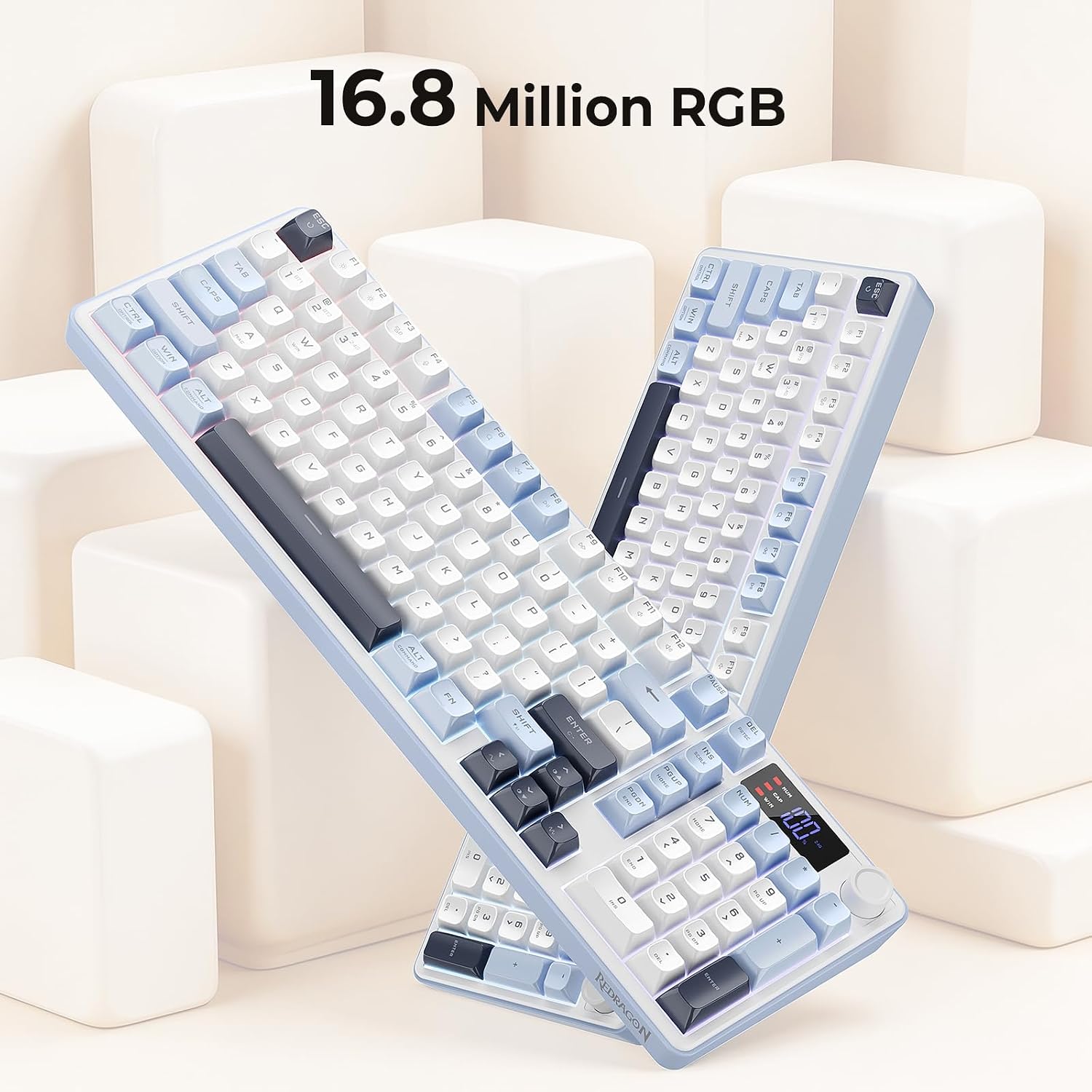 Redragon Wireless Gaming Keyboard, 98-Key Tri-Mode (BT/2.4G/Wired) RGB Computer Keyboard with Knob & Display, Fade-Resistant PBT Keycaps & 4000mAh Battery, Compatible with Windows/Mac - White Blue