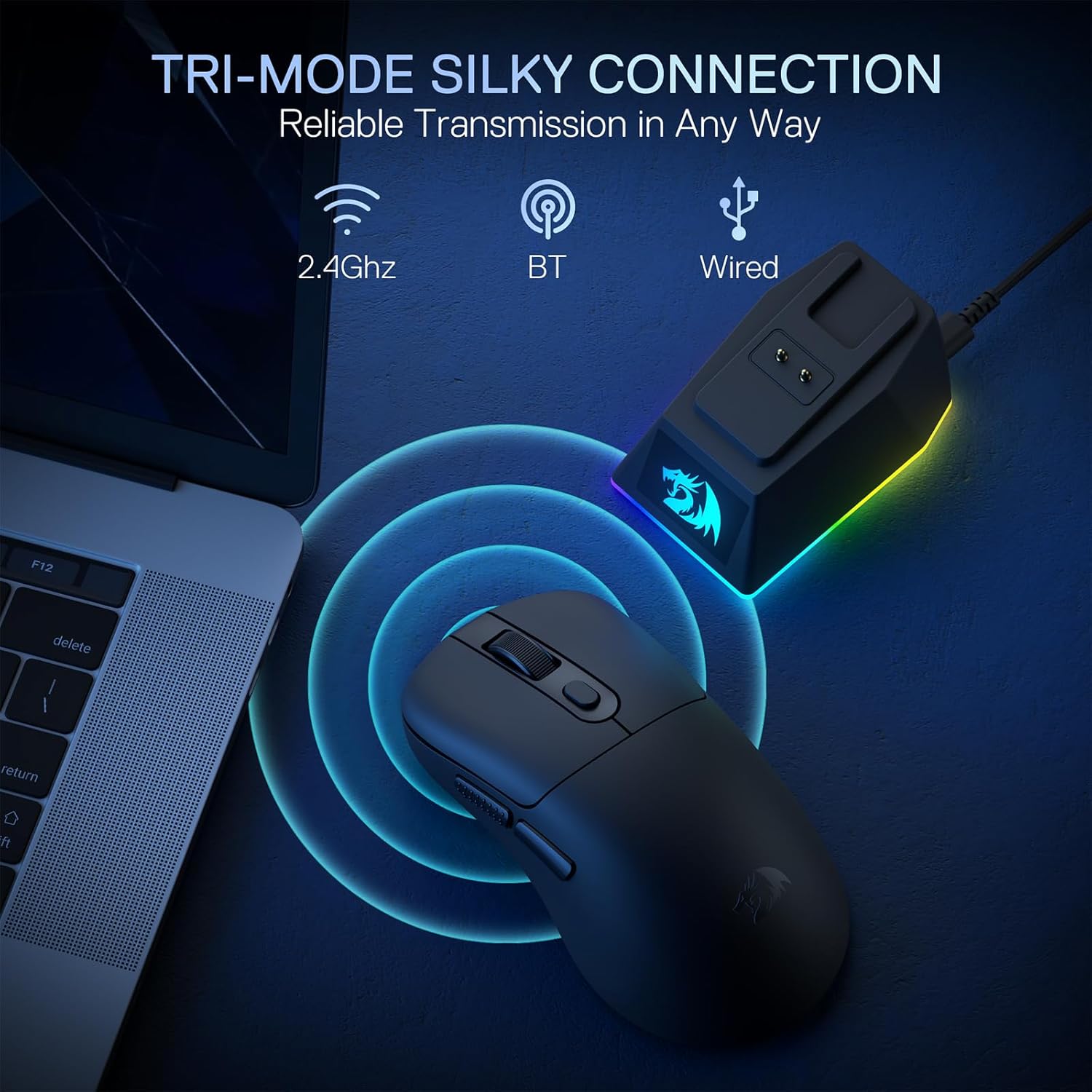 Redragon M998 Lightweight Wireless Gaming Mouse with RGB Magnetic Charging Dock, BT/2.4G Wireless/Wired Optical Mice, 24000 DPI, 5 Programmable Buttons for PC/Mac, Black