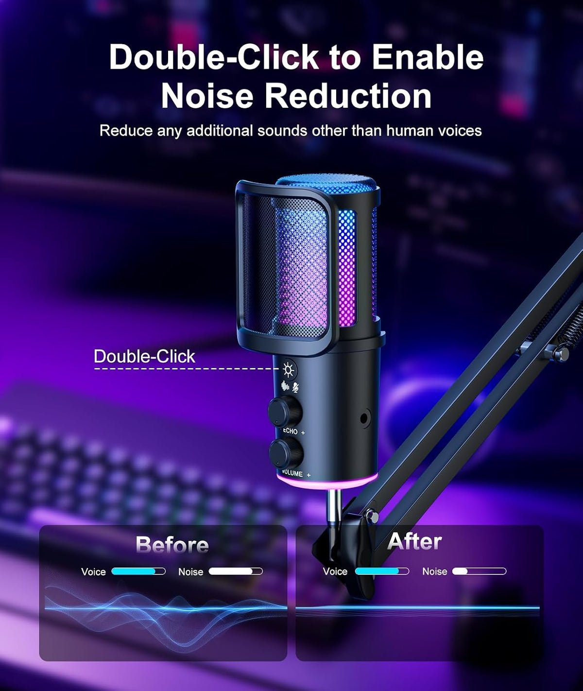 Gaming USB Microphone, Noise Cancellation Condenser Mic with Mute,Boom Arm Mic-Reverb Adjustment, Monitoring for Streaming, Podcasting, Discord, YouTube,PC, Computer, PS4, PS5, Mac-White