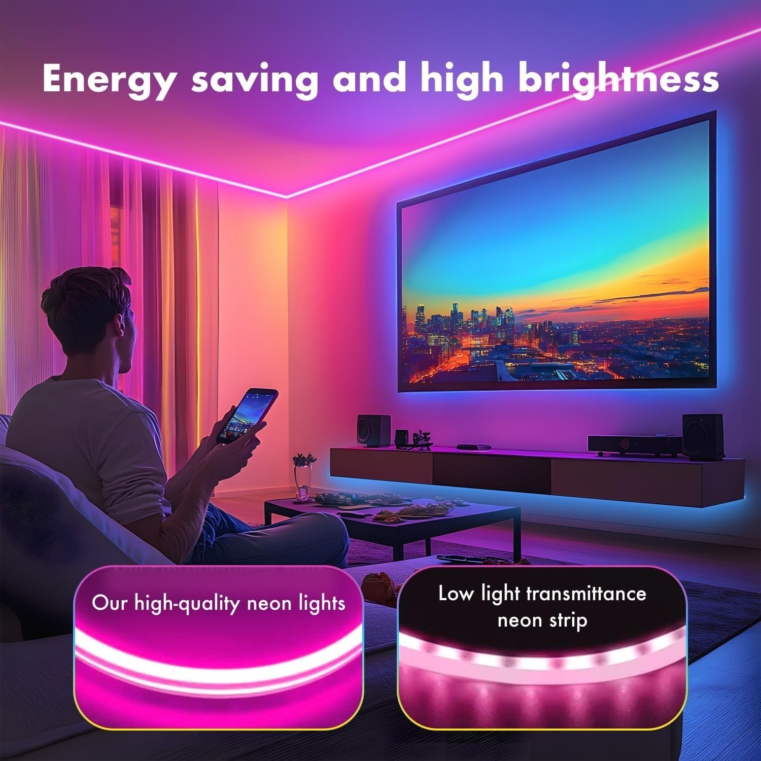 5M RGB-IC Neon LED Strip Light – 60+ dynamic lighting effects, Smart App & Remote Control with Music Sync, USB Powered, Flexible & IP68 Waterproof – ideal for gaming,home Decor,and parties