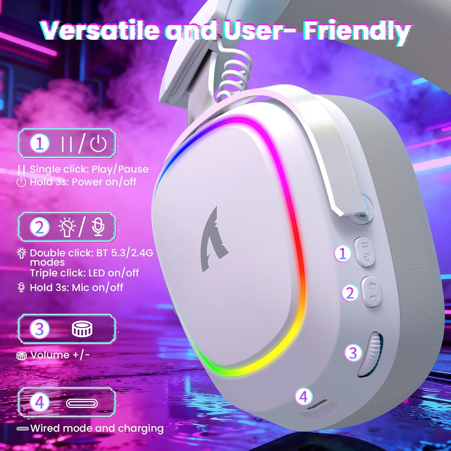 ATTACK SHARK G800 Wireless RGB Gaming Headset:7.1 Surround Sound-50mm Drivers-Memory Foam Ear Pads,Wired/2.4Ghz/BT,Ultralight,Durable Aluminum Frame,Detachable Mic,Programmable for PC Mac Gamer(White)