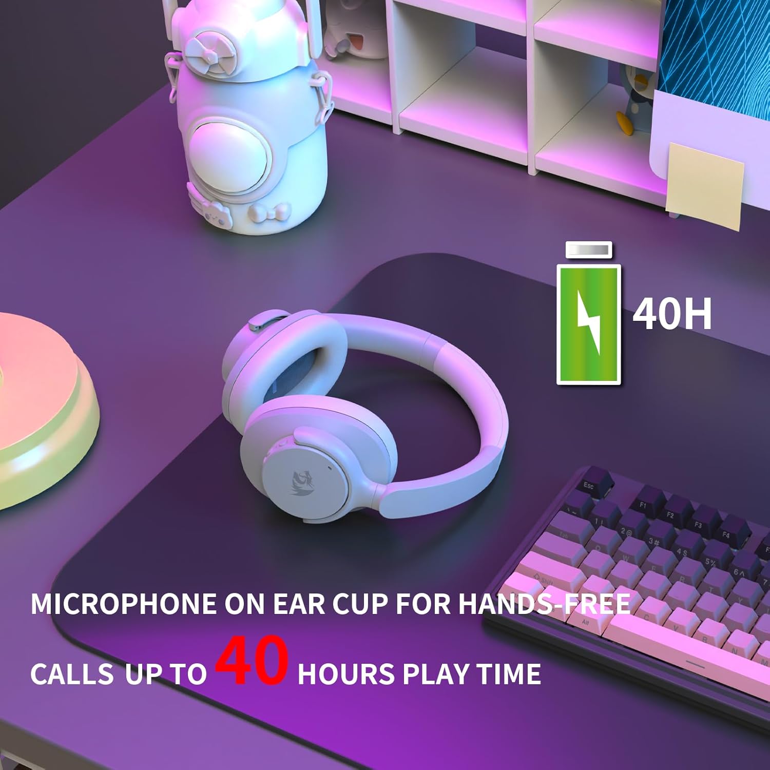 Redragon H610 Wireless Gaming Headset for PC, Mac, NS, Phone - BT 5.3 with ANC Noise Cancellation, 40H Battery, Lightweight, Over-Ear Headphones with Built-in Mic, Black