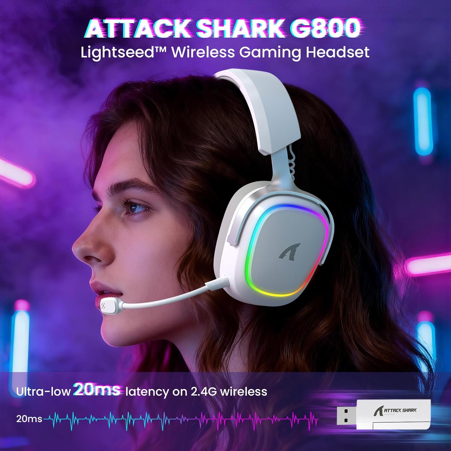 ATTACK SHARK G800 Wireless RGB Gaming Headset:7.1 Surround Sound-50mm Drivers-Memory Foam Ear Pads,Wired/2.4Ghz/BT,Ultralight,Durable Aluminum Frame,Detachable Mic,Programmable for PC Mac Gamer(White)
