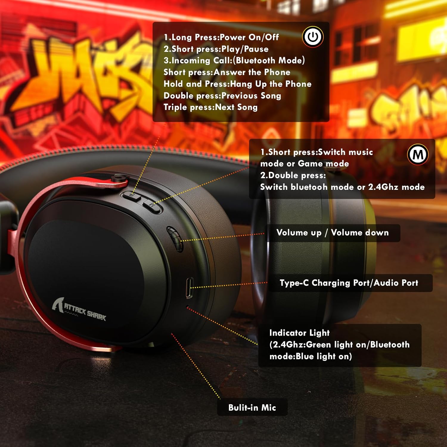 ATTACK SHARK L30Pro Wireless Gaming Headset with 2.4Ghz/BT/Wired, Long Battery Life with Detachable Microphone 7.1 Surround Sound Ultra-Low Latency for PC/PS5/Xbox/Switch/Mobile Black&Red
