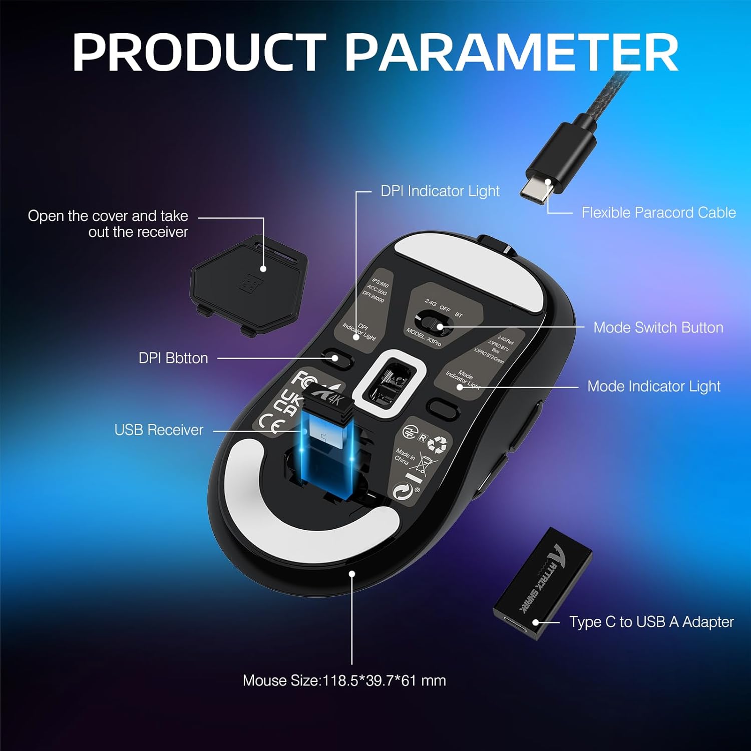 ATTACK SHARK X3PRO 4K/8K Lightweight Wireless Gaming Mouse with Tri-Mode(Wired/2.4GHz/BT),PAW3395 Optical Sensor,26K DPI,Kailh GM8.0 Switch,Long Battery,7 Buttons for PC/Laptop/Win/Mac(Black)