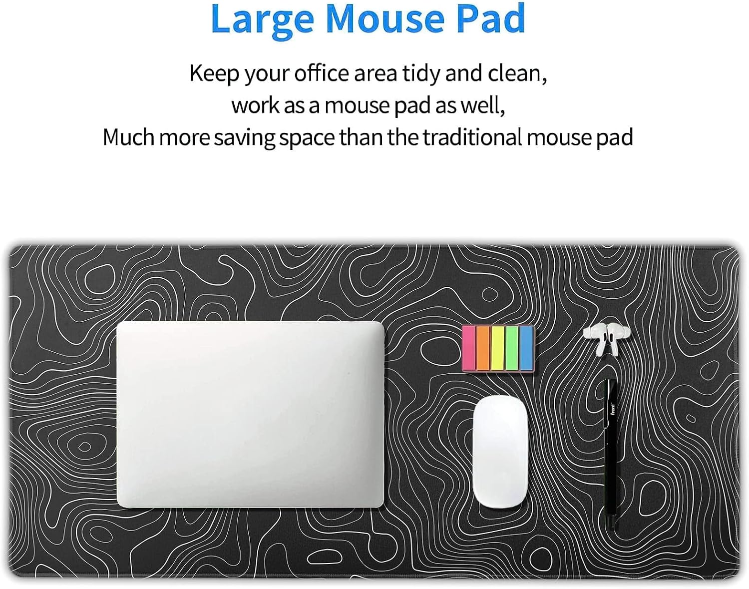Topographic Map Large Mouse Pad XXL Black Lines Contour Geographic Extended Large Desk Mat Big Desk Pad (90X40 CM)(4 MM) Non-Slip Rubber Base Stitched Edge Long Mousepad,35.4 x 15.7 Inch