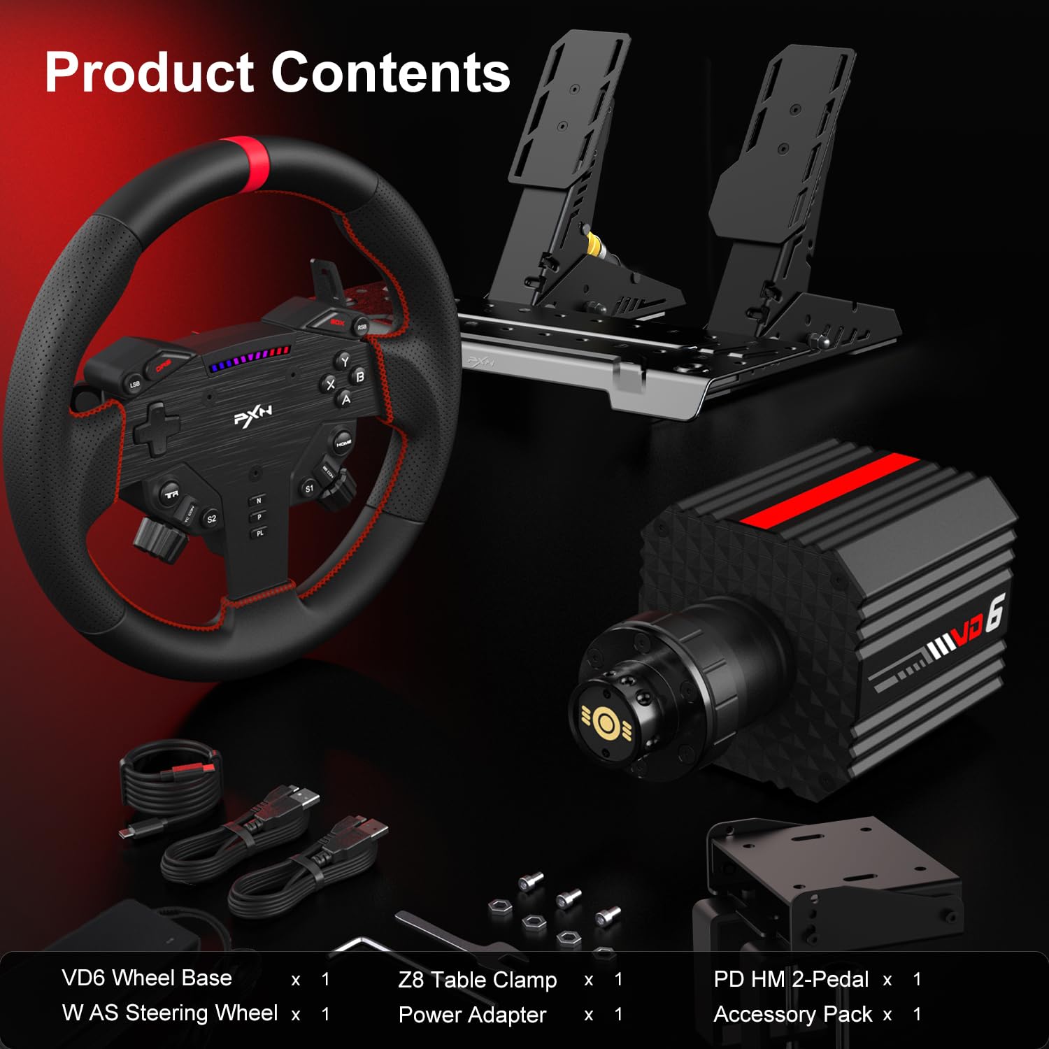 PXN VD6 Bundle: PC Steering Wheel and Pedals – 6 Nm Direct Drive Servo Motor Base, W AS Racing Wheel, Hall Effect 2-Pedal Set, and Table Clamp – Professional Sim Racing Setup for Windows PC (7–11)