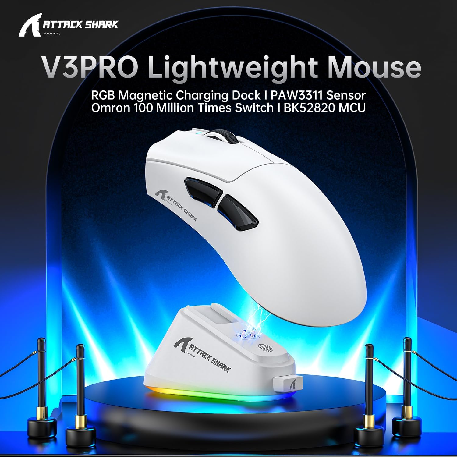 ATTACK SHARK V3PRO Wireless Esports Gaming Mouse with Magnetic Charging Dock:62g Lightweight-1K Polling-25K DPI-PAW3311 Sensor,Wired/BT/2.4Ghz Programmable,BK52820 IC for PC Laptop Gamer(Black+Tape)