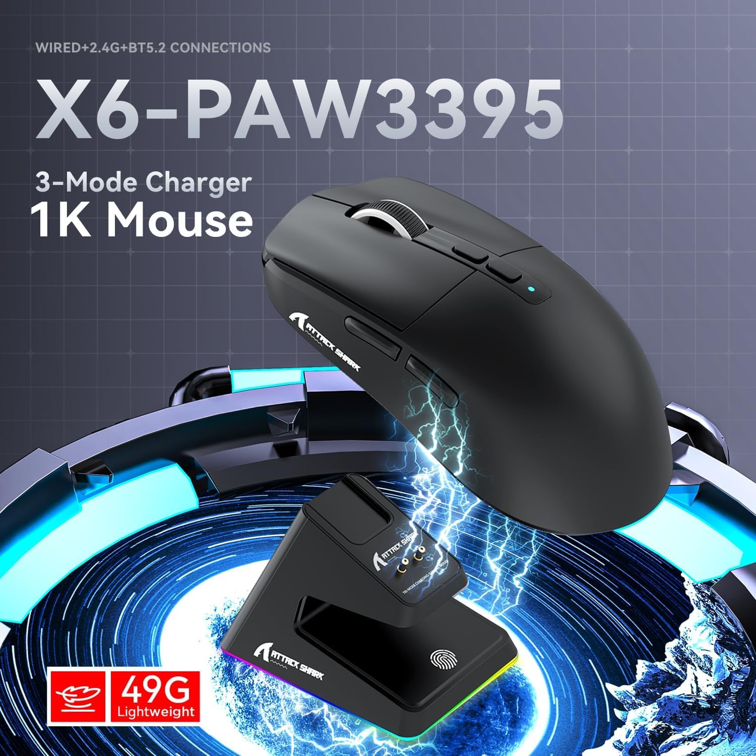 ATTACK SHARK X6 Lightweight Wireless Gaming Mouse with RGB Backlight Charging Base,Tri-Mode Wired/2.4GHz/BT5.2,26K DPI, 395 Optical PAW3Sensor,HUANO Switch,5programmable Buttons,PC/Mac(Black)