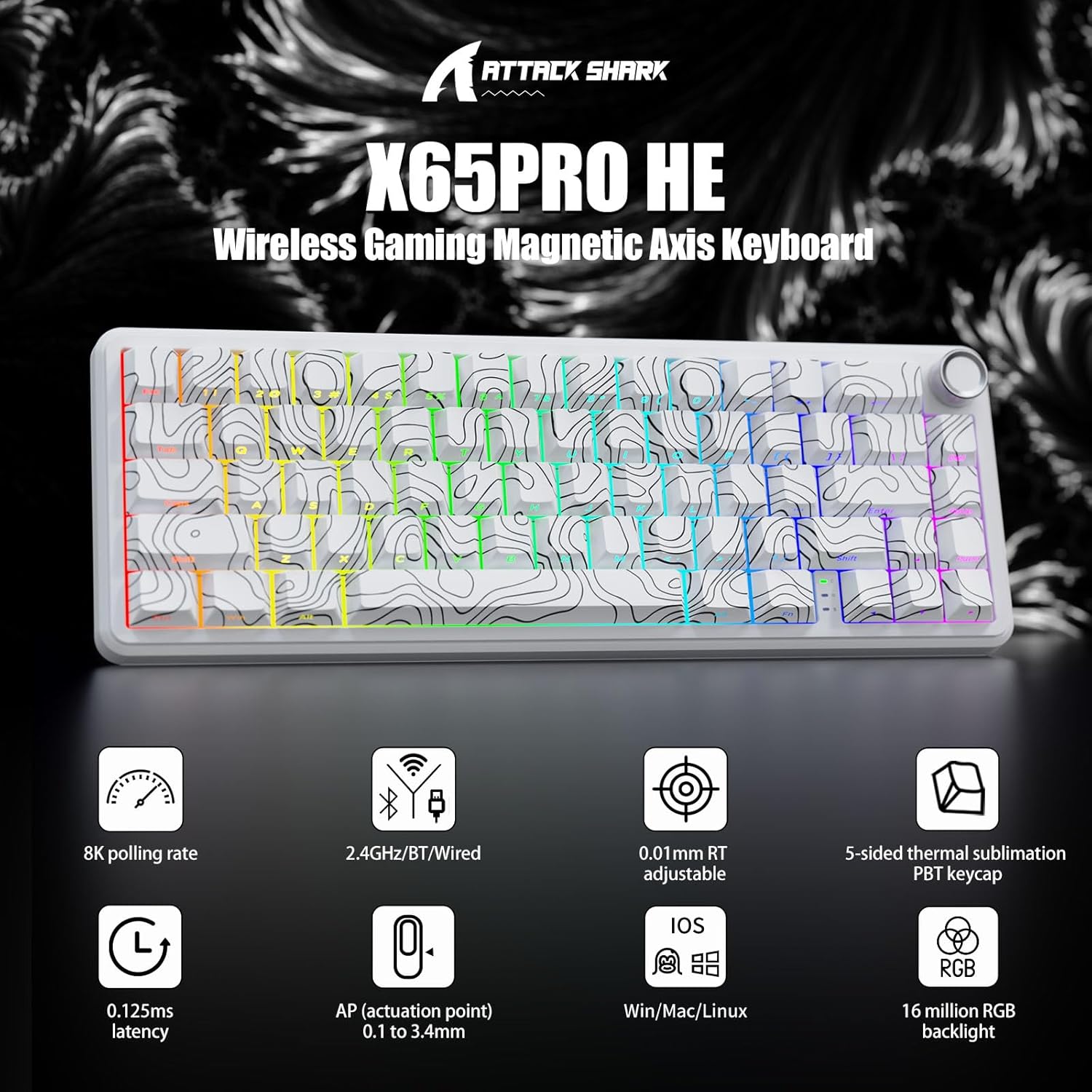 Attack Shark X65PRO HE Rapid Trigger Magnetic Mechanical Keyboard,60% Hot Swappable,Hall Effect Sensor,Adjustable Actuation,Tri-Mode RGB, 8KHz Polling Rate with Coiled Cable for MOBA/FPS/RTS-White