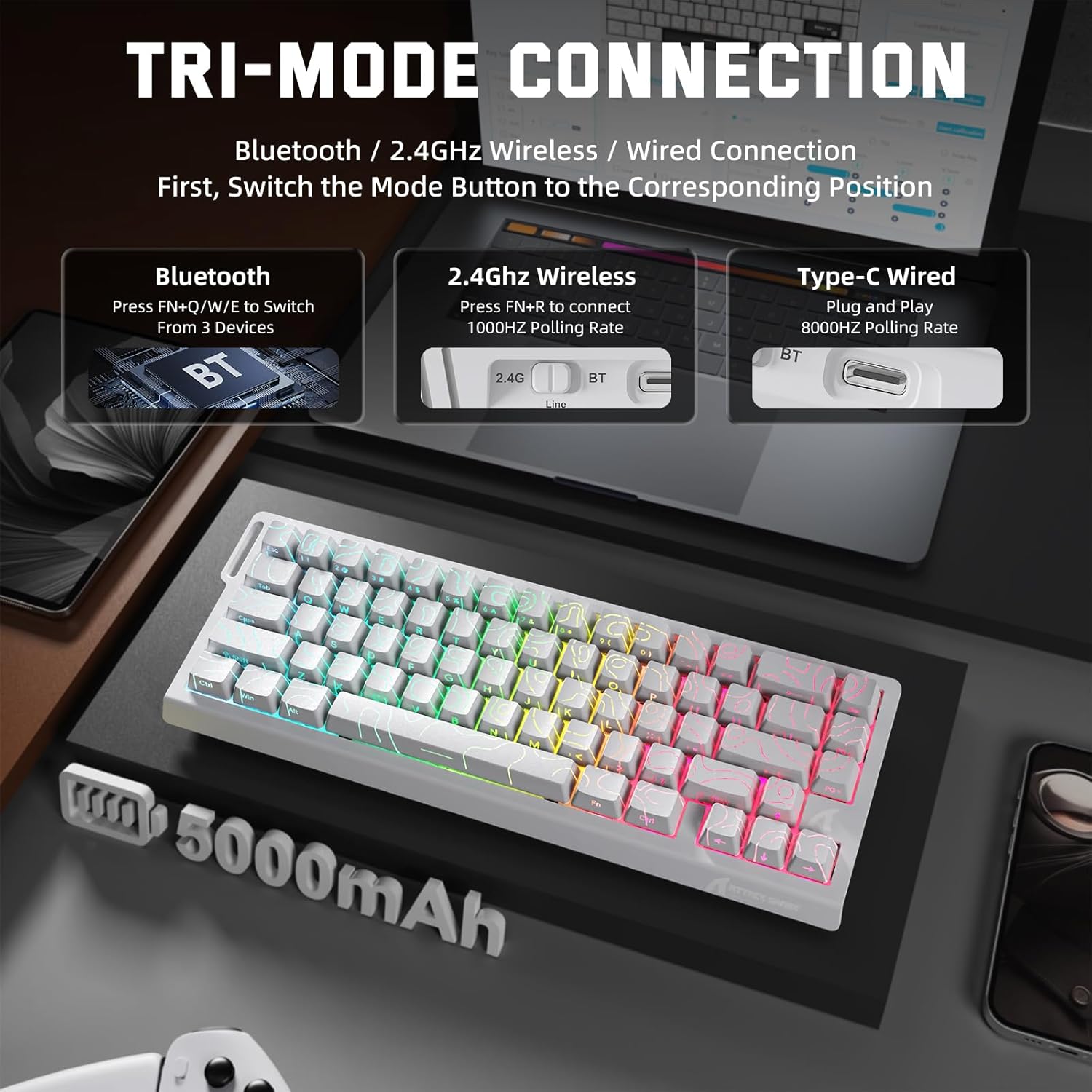 ATTACK SHARK X68 PRO HE Wireless Rapid Trigger Gaming Keyboard with Adjustable Actuation,8K Polling Rate,Hall Effect Magnetic Switch,Hot-Swap,RGB Backlit,BT/2.4GHz/Wired,for FPS Games-White