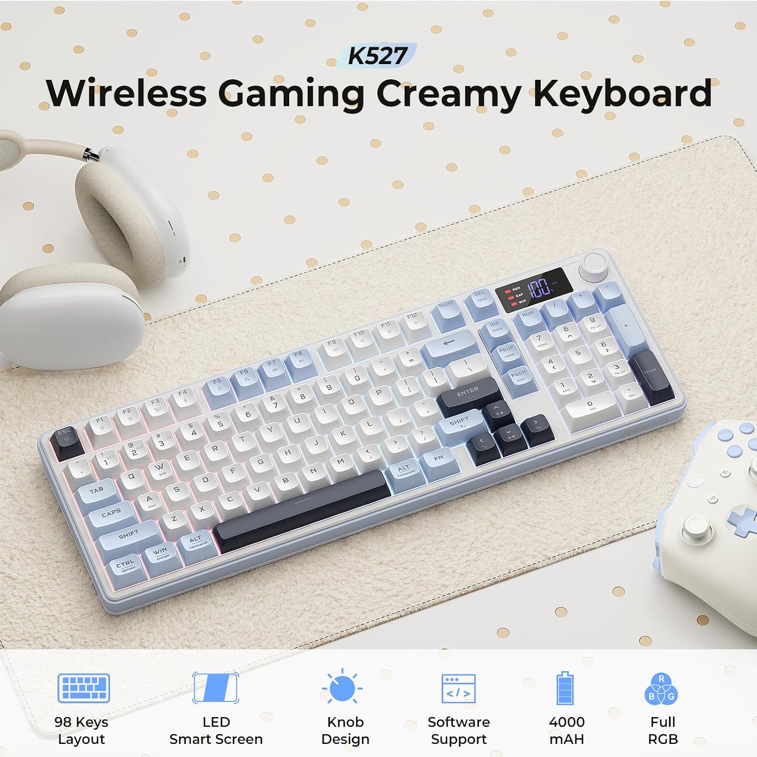 Redragon Wireless Gaming Keyboard, 98-Key Tri-Mode (BT/2.4G/Wired) RGB Computer Keyboard with Knob & Display, Fade-Resistant PBT Keycaps & 4000mAh Battery, Compatible with Windows/Mac - White Blue