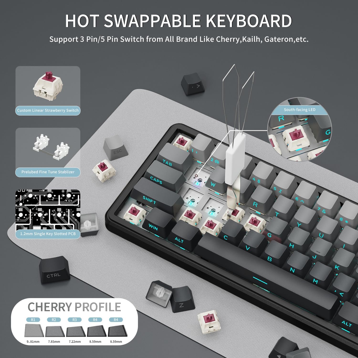 ATTACK SHARK X66 Wireless Mechanical Gaming Keyboard with Knob,Tri Mode USB-C/BT5.0/2.4G Gasket Mounted 60% RGB Gaming Keyboard, Side Printed PBT Keycap,Hot Swappable Strawberry Switch(Moonlight)